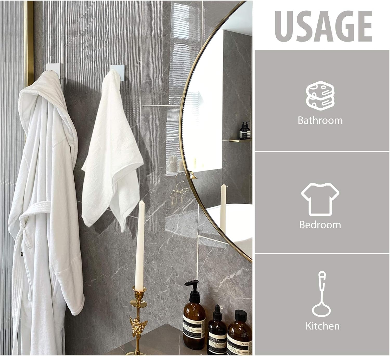 Adhesive Towel Hooks, Waterproof Shower Wall Stick on Hooks, 2 Extra Adhesive Strips, Silver, 4 Pcs