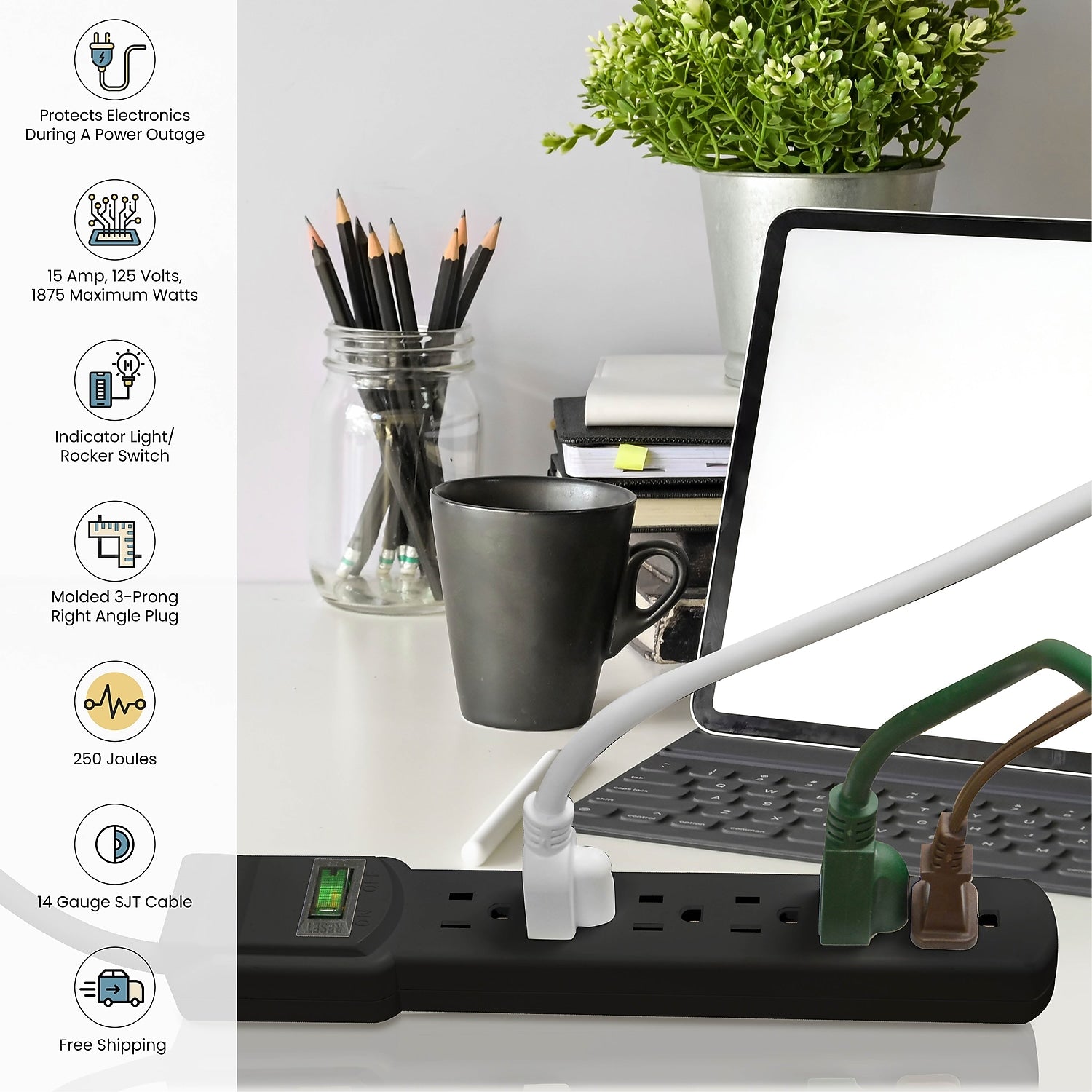 (GG-16106MSBK) 6 Outlet Surge Protector, Black, 6 Ft. Cord