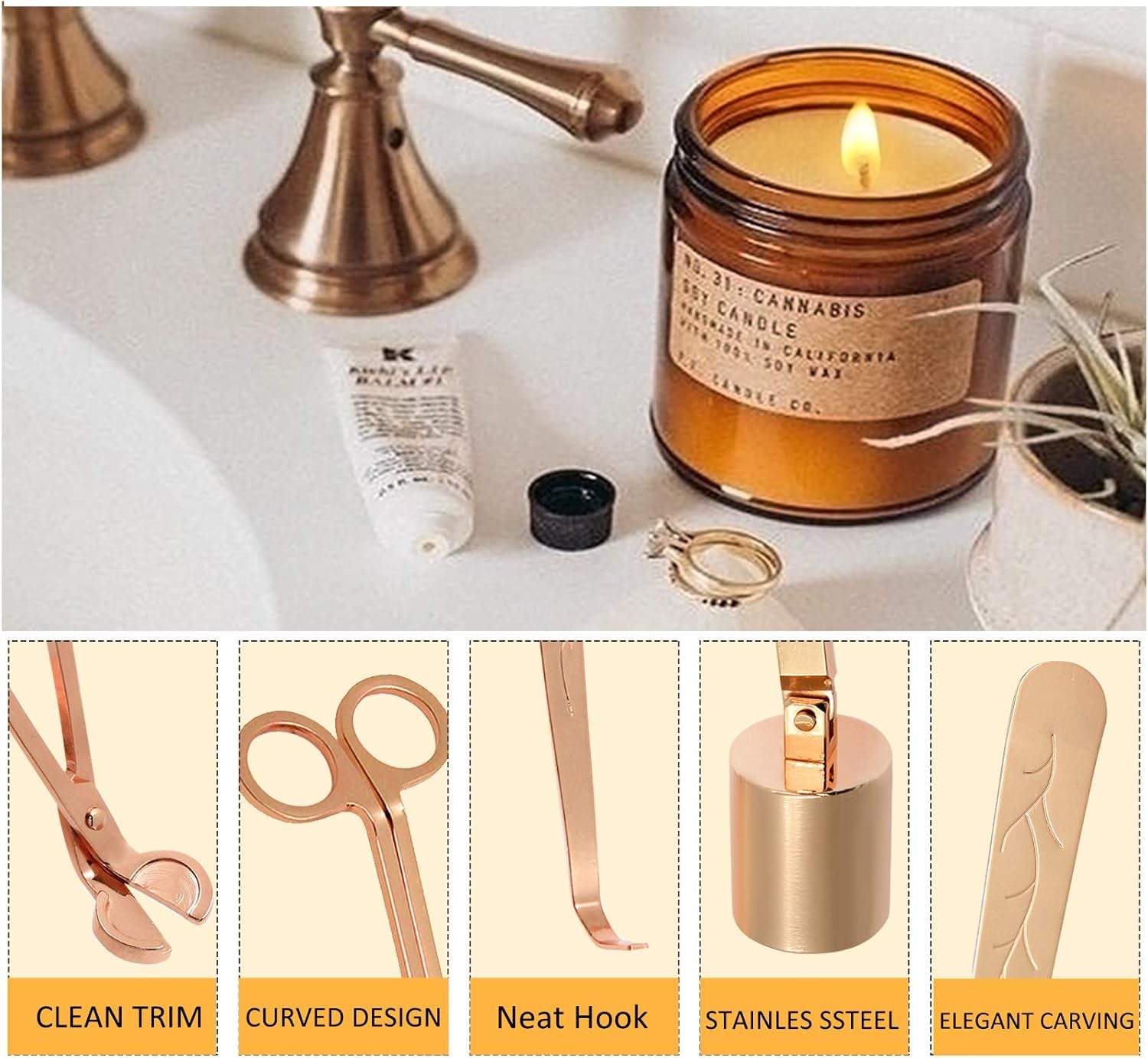 4 in 1 Candle Wick Trimmer Set - Candle Wick Trimmer, Candle Wick Dipper, Candle Snuffer and Candle Tray for Candle and Aromatherapy Lovers - Rose Gold