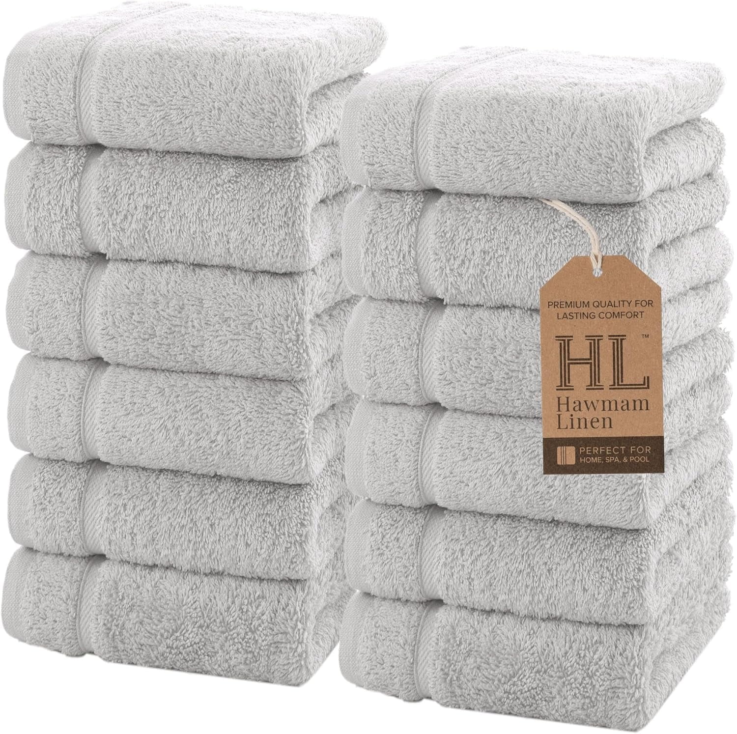 Luxury Cotton Washcloths 13X13 Inch - Large Hotel Spa Bathroom Face Towel | 12 Pack | Ice Silver