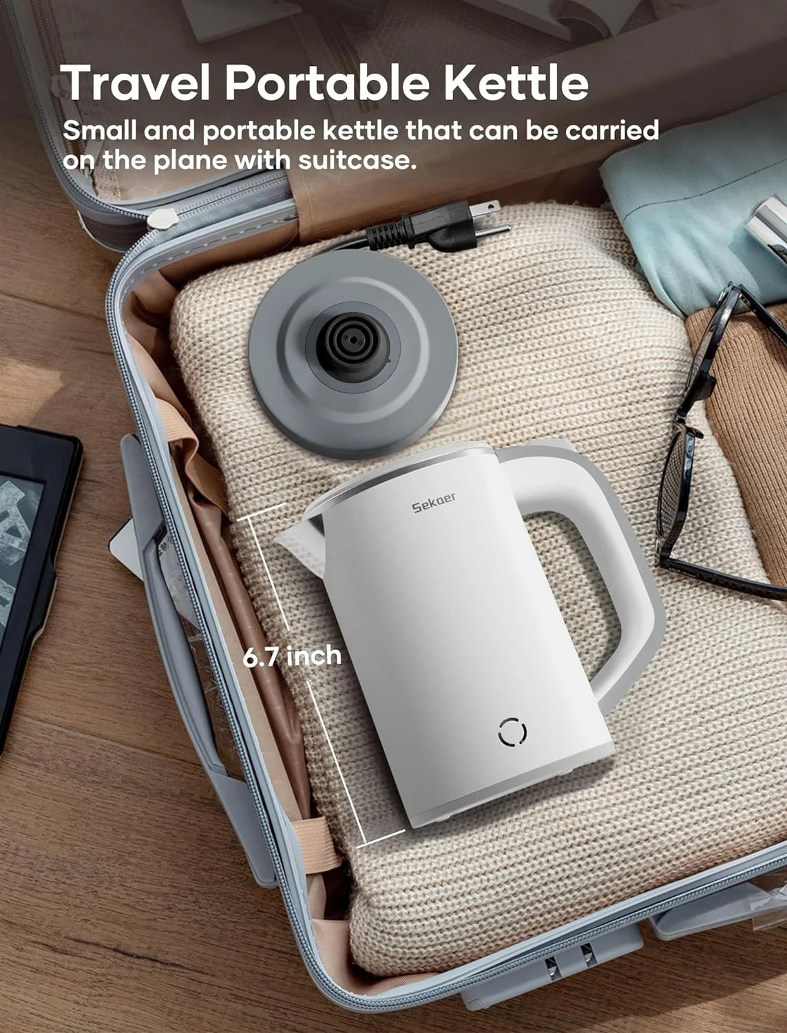 Travel Electric Tea Kettle with Auto Shut-Off & Boil Dry Protection, 304 Stainless Steel Mini Portable Water Kettle, Fast Heating Coffee Kettle, Perfect Holiday Gifts White