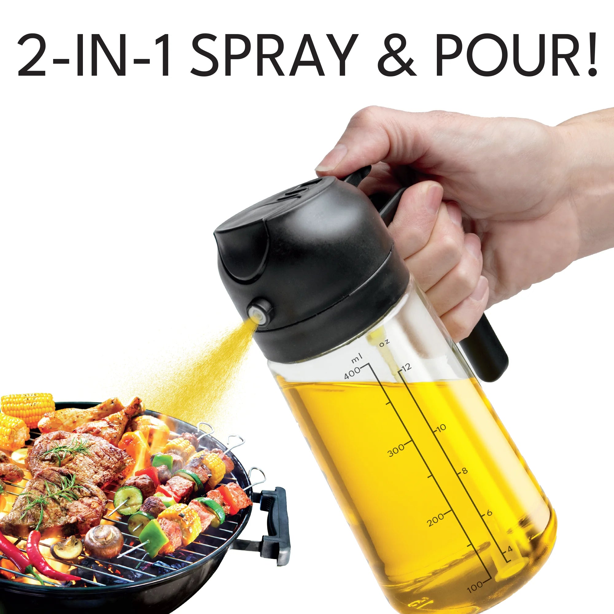 2-In-1 Oil Spray & Pour Dispenser, Leakproof and Refillable Glass Bottle for Cooking