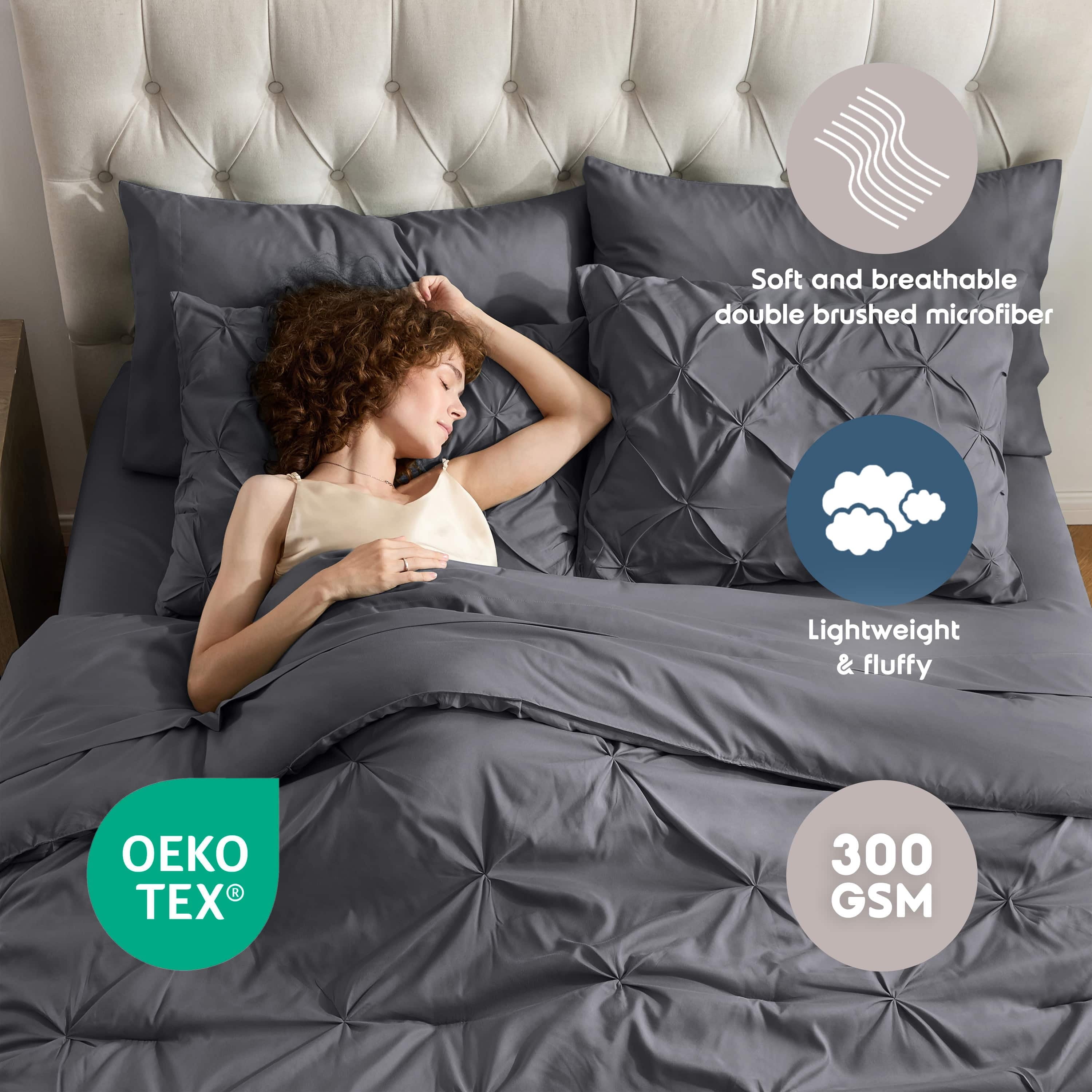 Virtu California King Comforter Set, Bed in a Bag 7 Pc Pleated Bedding Set, Dark Grey