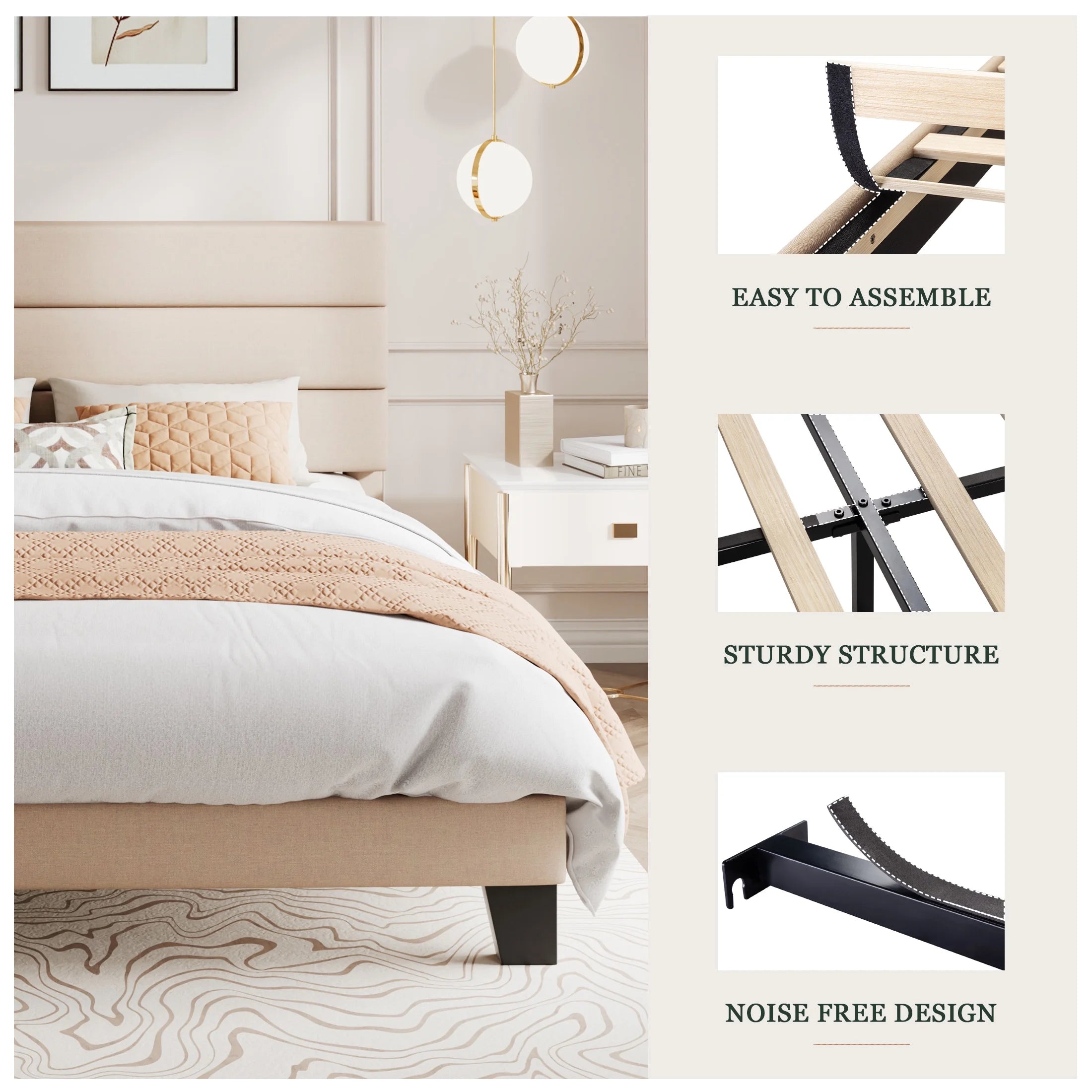 Full Bed Frame, Platform Bed Frame with Fabric Upholstered Headboard, Beige