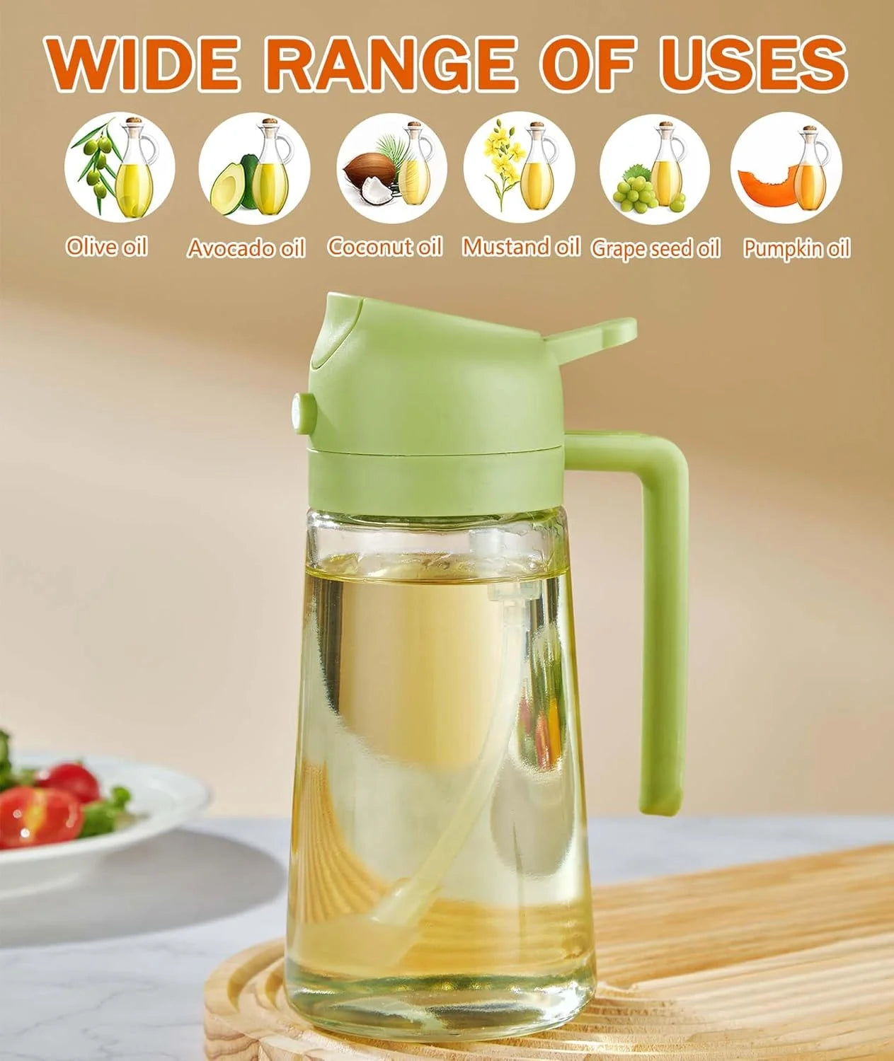 Oil Sprayer for Cooking, 2 in 1 Olive Oil Dispenser Bottle for Kitchen, 16Oz/470Ml Premium Glass Oil Bottle, Food-Grade Oil Mister for Air Fryer, Salad, Frying, BBQ (Green)