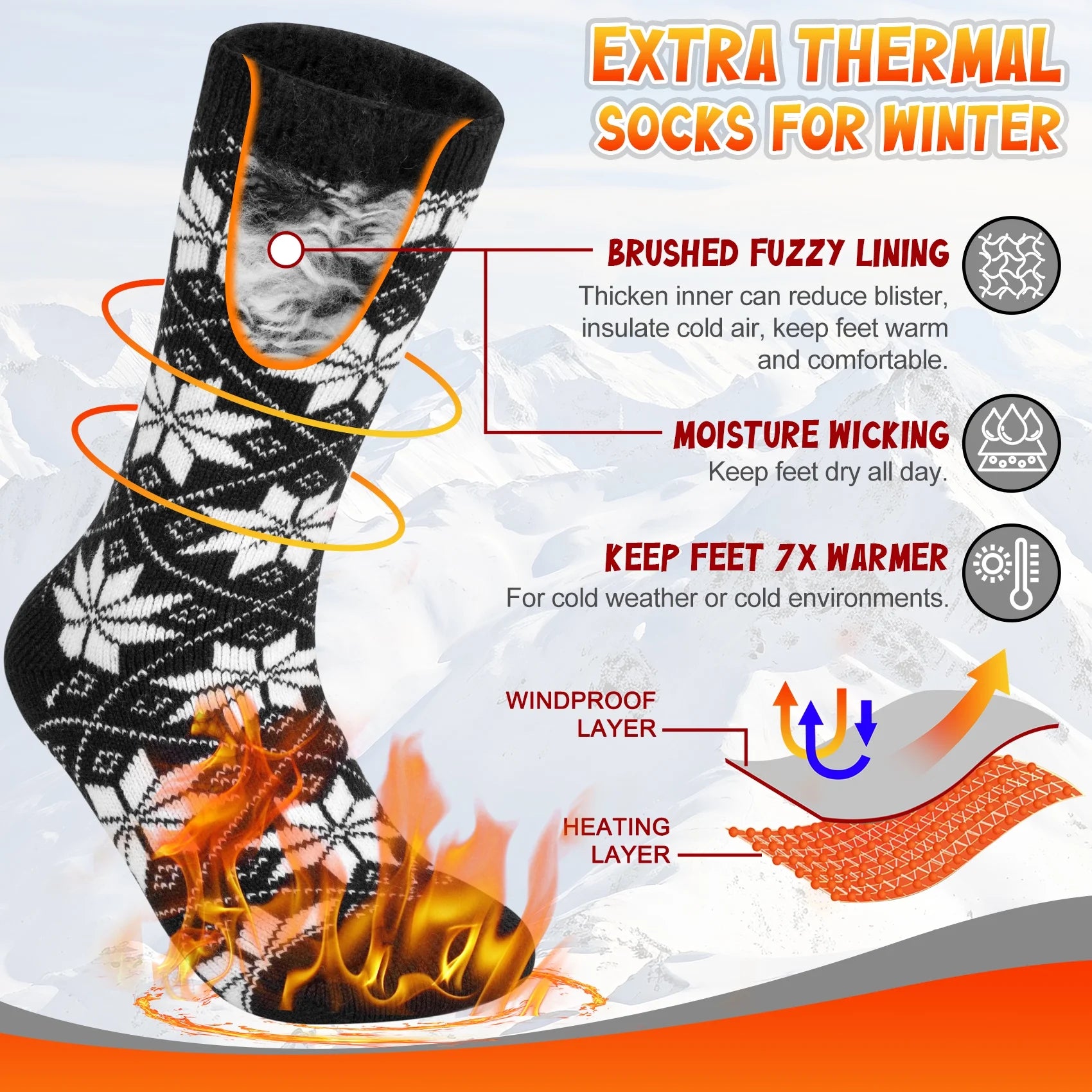 3 Pairs Thermal Socks for Women, Winter Thick Warm Heated Boot Crew Socks Size 5-11