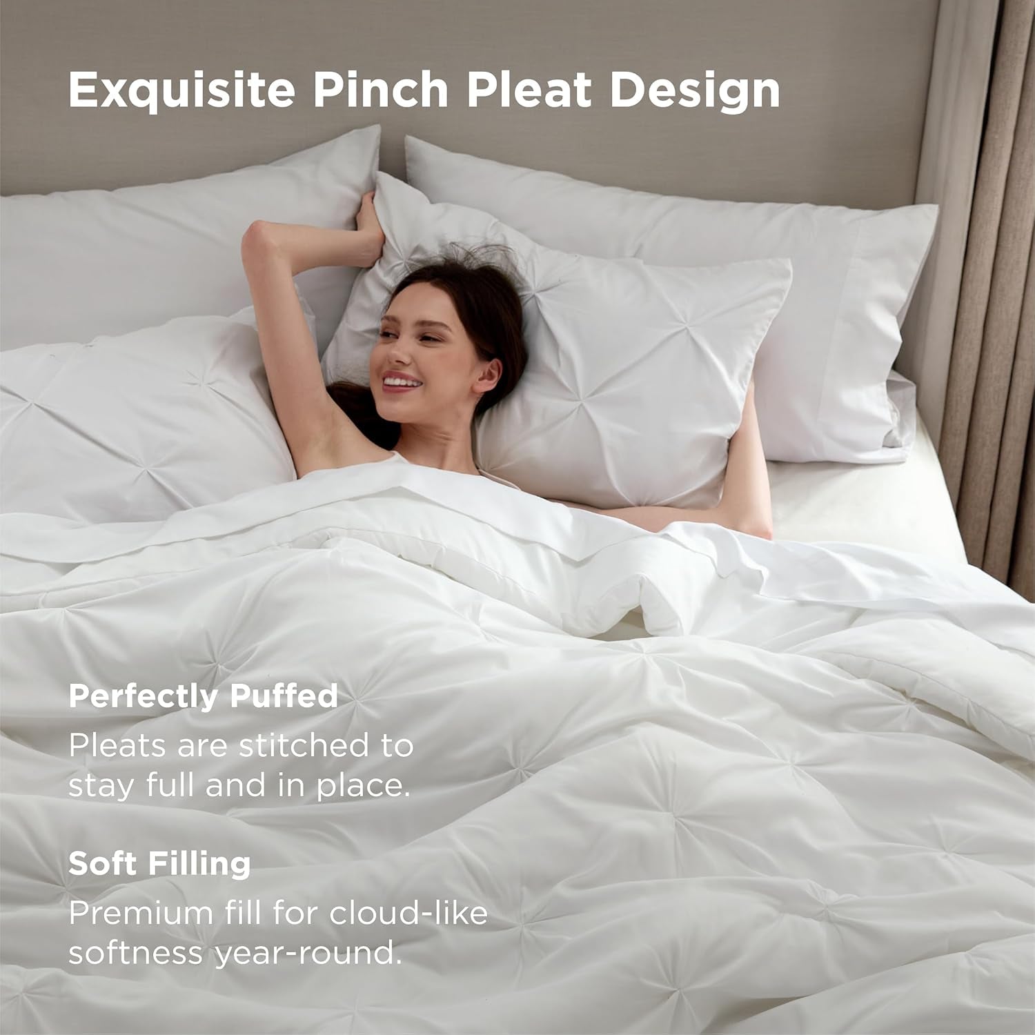 King Size Comforter Set White - Bed in a Bag King Size 7 Pieces, Gentlesoft™ Pintuck Bed Set Gift for Family, Pinch Pleat White Comforter with Sheets, Pillowcases & Shams