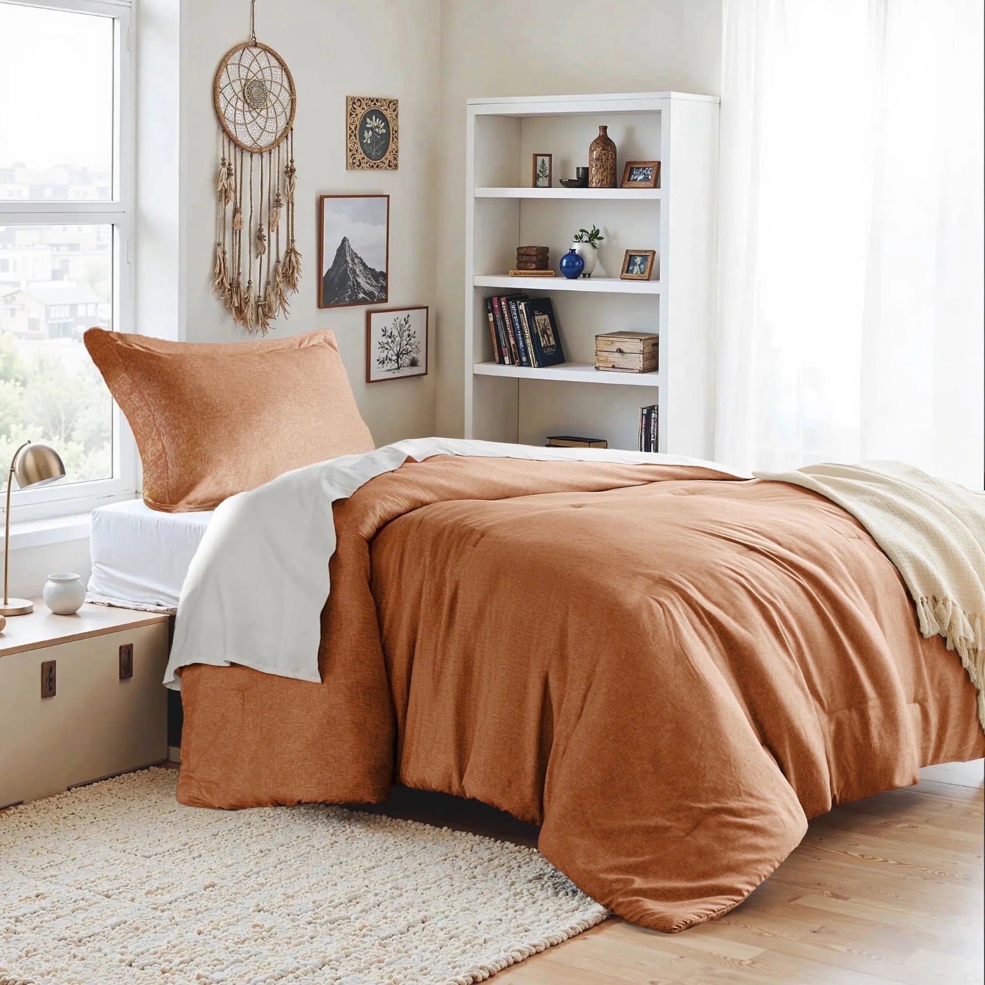 Twin/Twin-Xl Comforter Sets, Reversible 2 Piece Extra Soft Dorm Bedding Set, Chambray Print Burnt Orange Comforter Bed Set with Pillow Shams