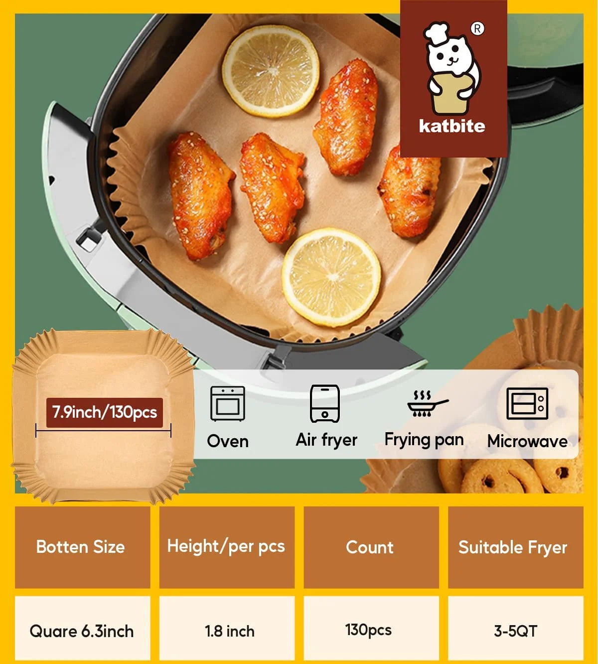 Air Fryer Paper Liners, 6.3 in Square, 130 Count, Unbleached, Non-Stick, Oil-Proof, Disposable