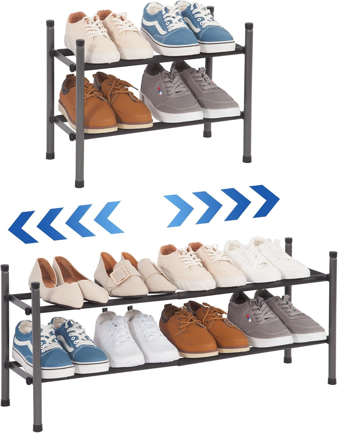 Expandable Shoe Rack, 8 Pairs Stackable Small Shoe Rack, Metal Adjustable Shoes Organizer for Closet, Entryway, Hallway, Garage, Front Door, Shoes Shelves, Black 2 Tier
