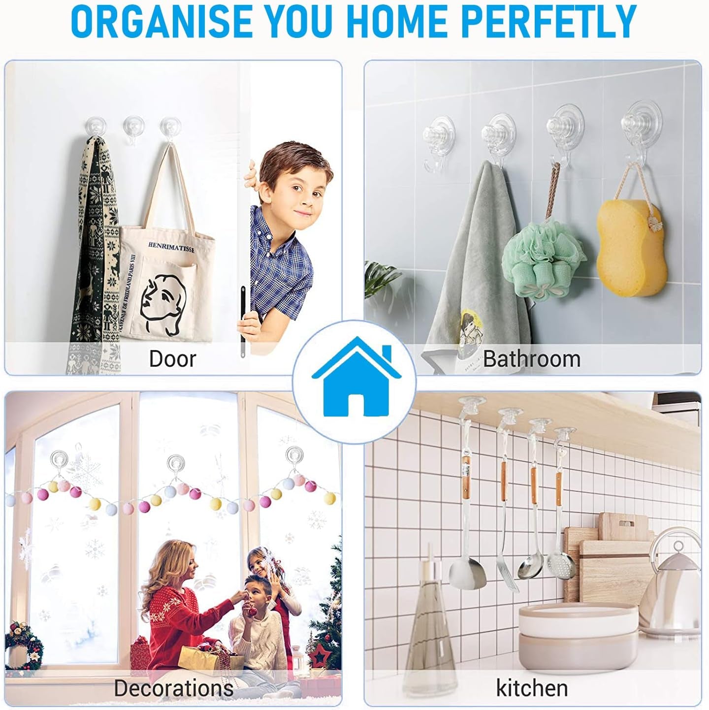 Suction Cup Adhesive Hooks -  2 Pack Large Suction Adhesive Hooks Heavy Duty Clear Shower Hooks Kitchen Bathroom Window Wall Hooks for Hanging Towel Bathrobe Loofah Sponge Christmas Wreath Key