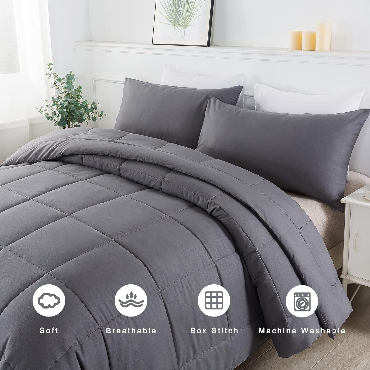 King Size Comforter Set -All Season Bedding Comforters Sets with 2 Pillow Cases -3 Pieces Bed Set down Alternative King Bedding Set -Grey King Comforter Set(102"X90")