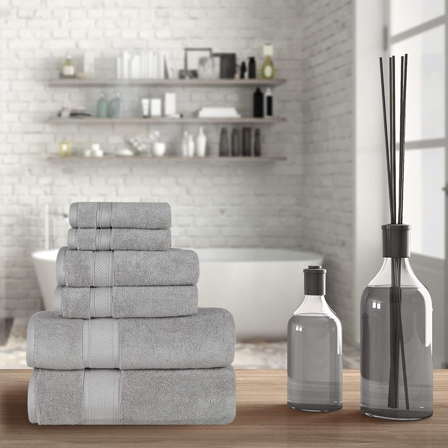 - Hotel Quality Turkish Towel Set for Bathroom (6 Pcs Towel Set, Mirage Grey)