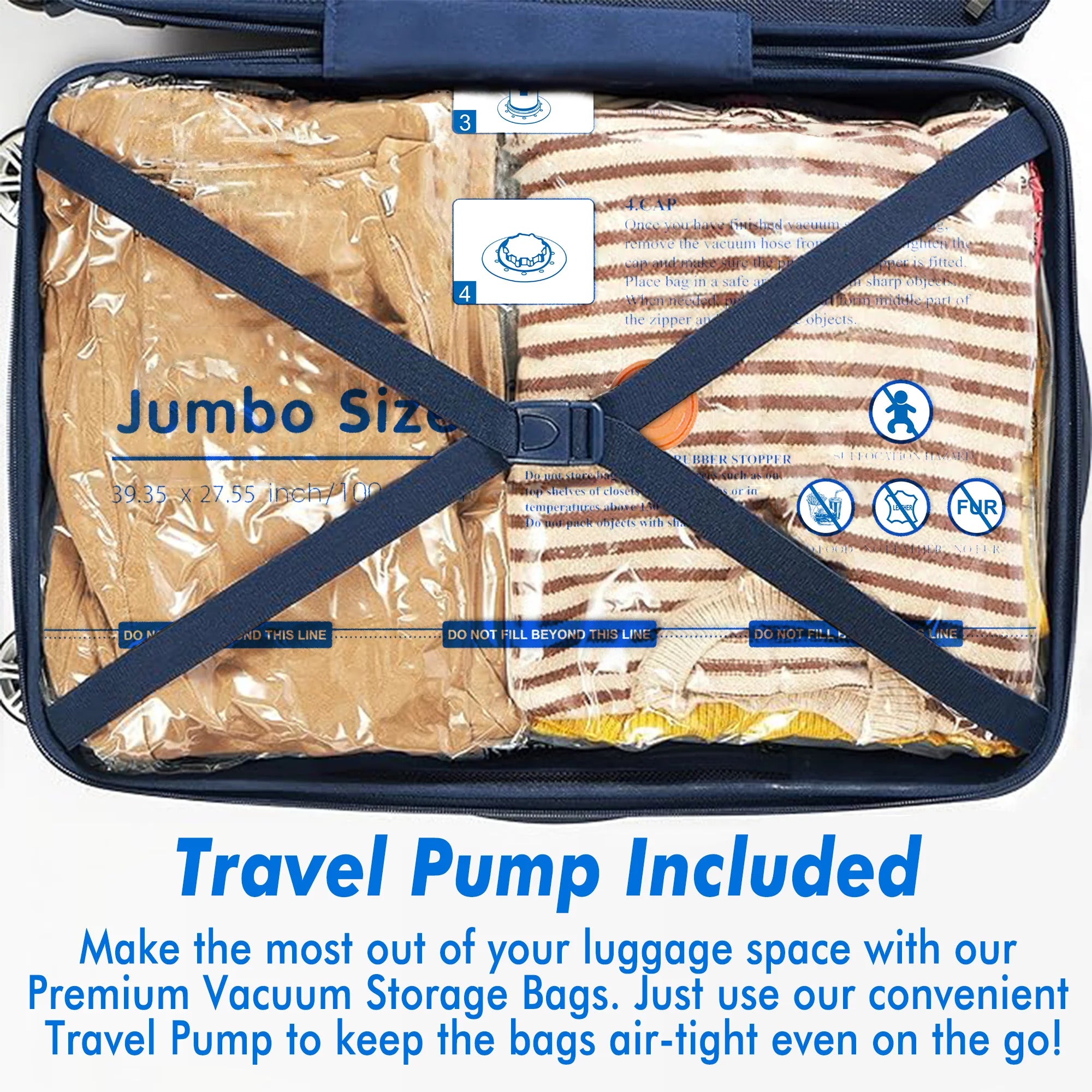 24 Pack Vacuum Storage Bags with Electric Pump, 5 Jumbo, 5 Large, 5 Medium, 5 Small, 4 Roll up Bags