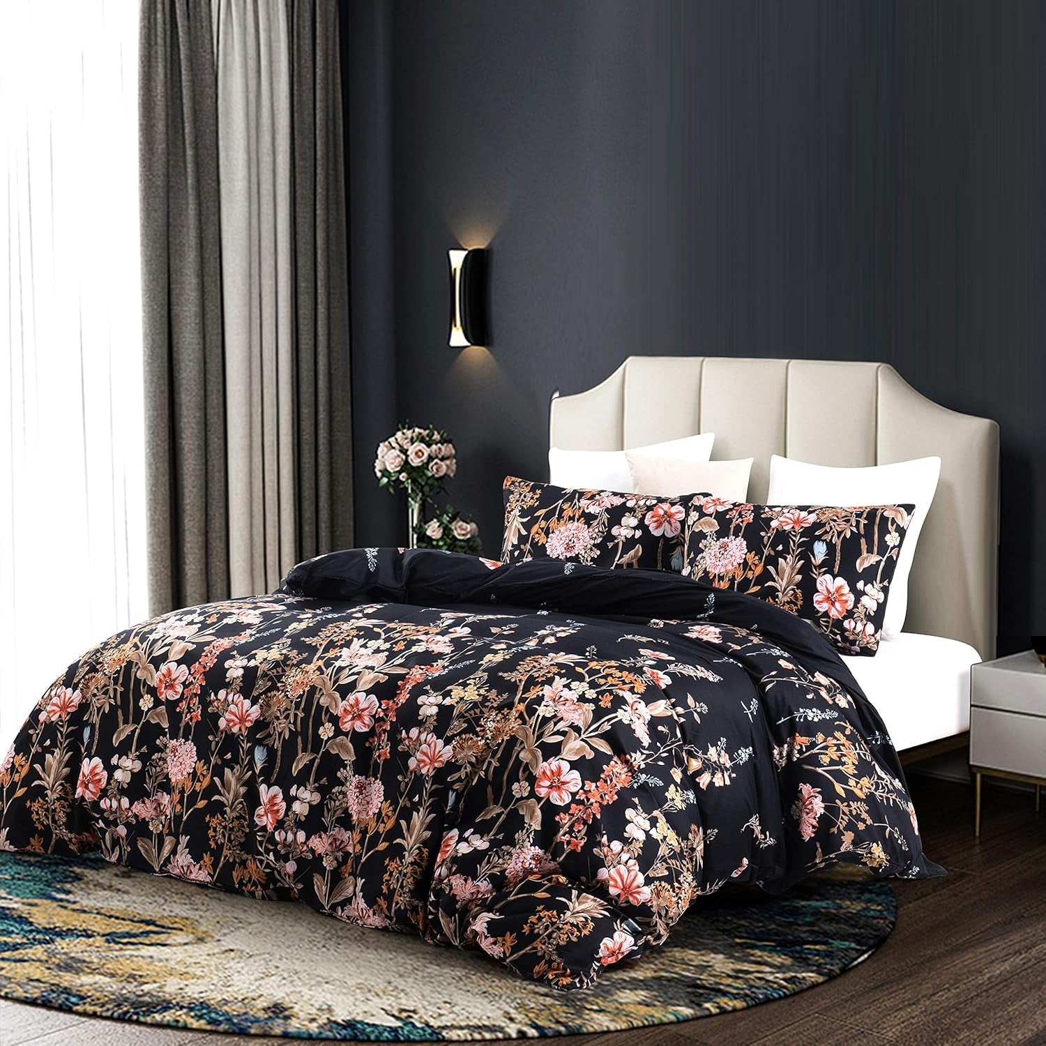 Black Floral Duvet Cover Set Twin Comforter Cover Set 2 Pieces Bedding (1 Comforter Cover 68"X90" with 1 Pillow Sham) Soft Lightweight Bedding Set Hotel Quality