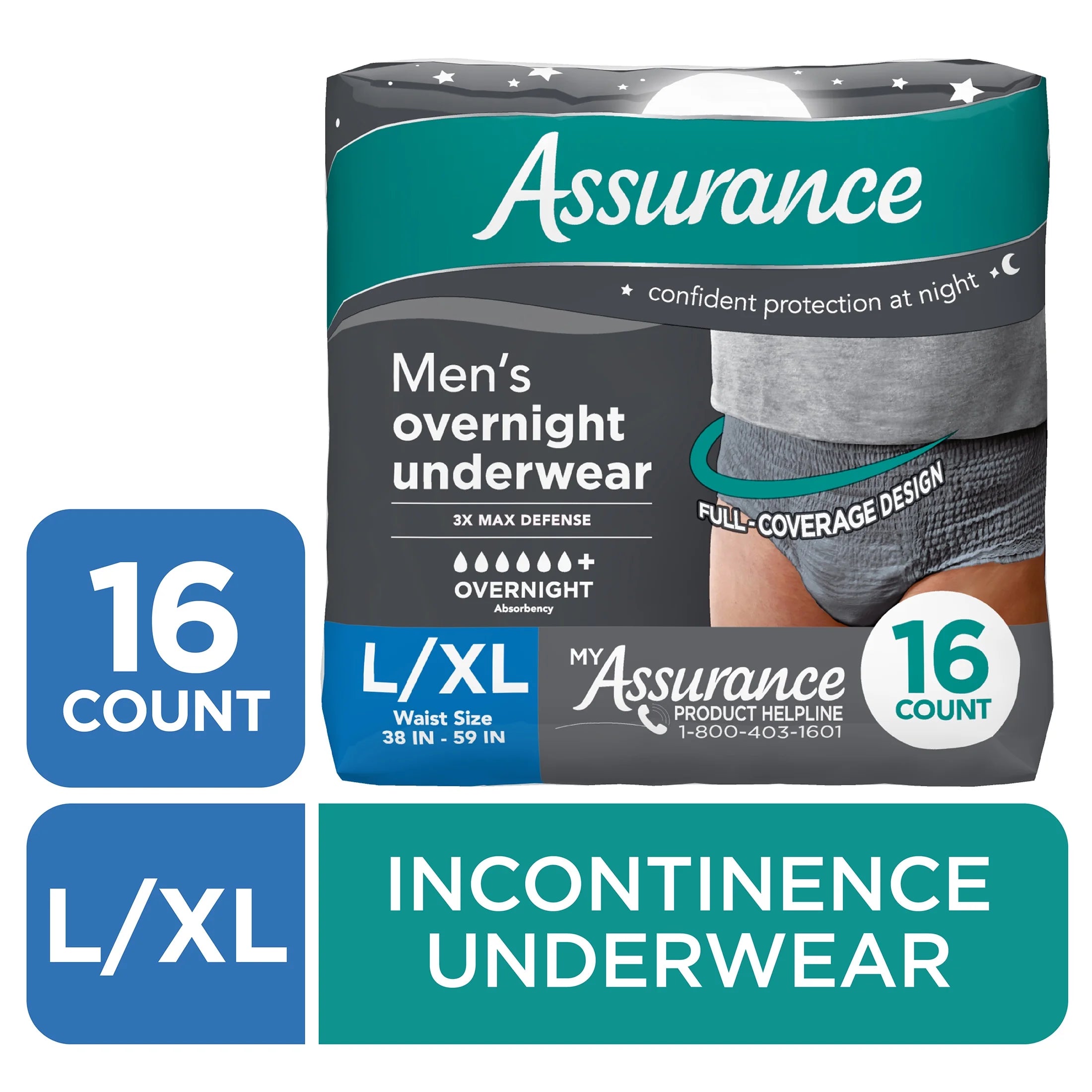 Men'S Overnight Incontinence Underwear, L/XL , Ultimate Absorbency (16 Count)
