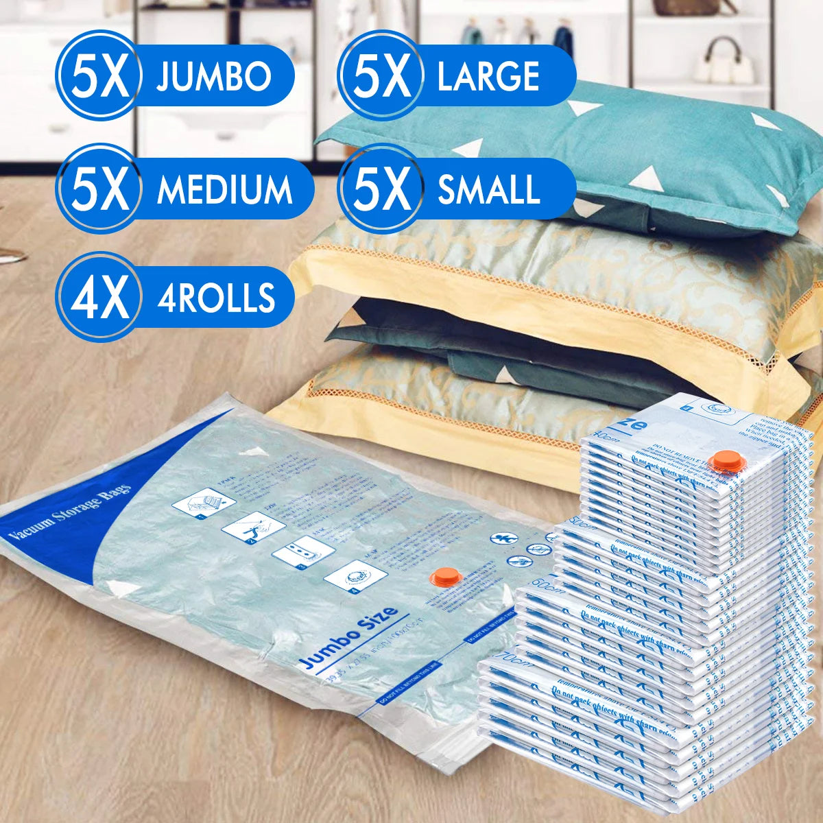 24 Pack Vacuum Storage Bags with Electric Pump, 5 Jumbo, 5 Large, 5 Medium, 5 Small, 4 Roll up Bags