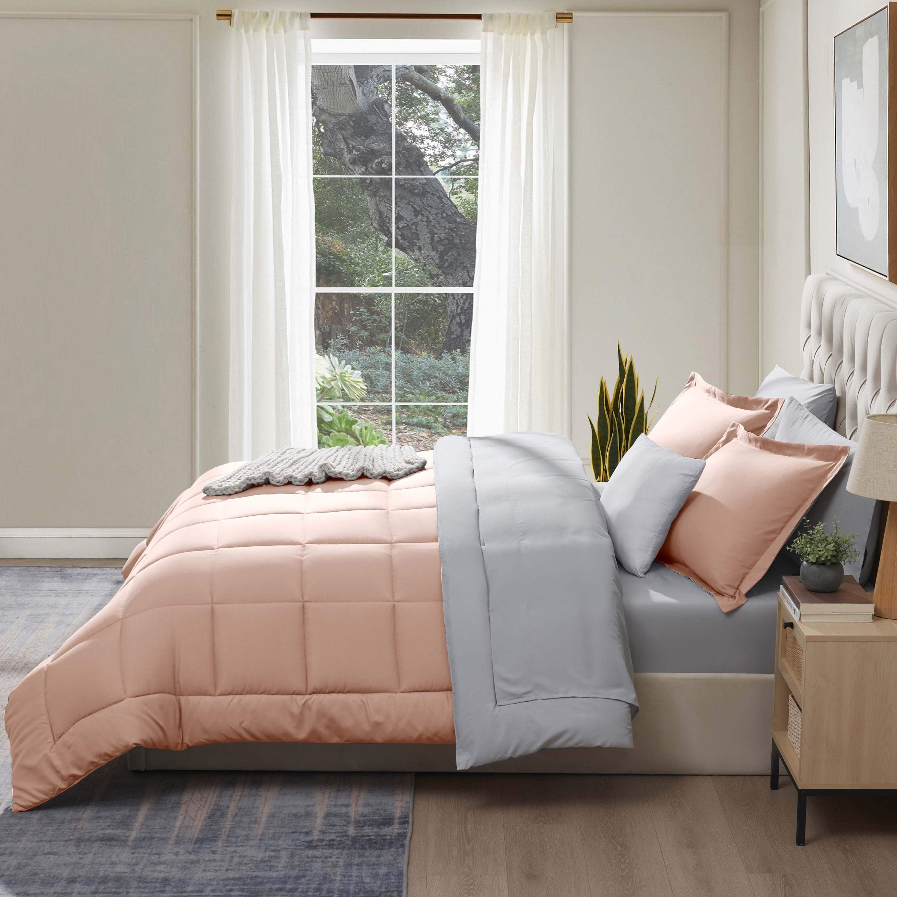 Full Comforter Set, 7Pc Bed in a Bag, Reversible Bedding Comforter Sets with Sheets, Peach Purple