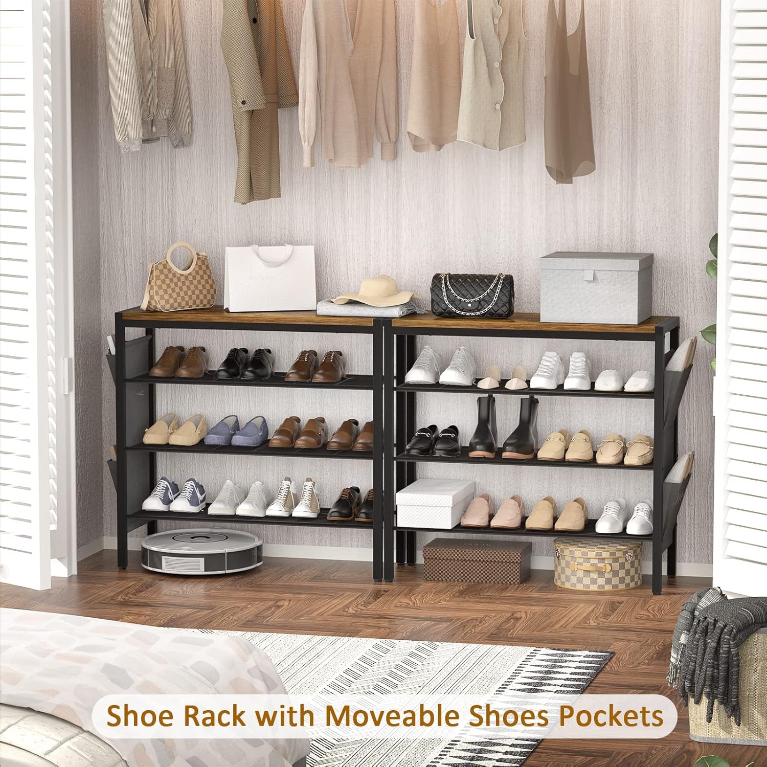 Shoe Rack for Entryway, 4-Tier Shoe Rack with Shoe Pockets and Hooks, Industrial Free Standing Shoe Racks for Entryway, Hallway, Front Door, Doorway, Living Room, Laundry, Closet, Rustic
