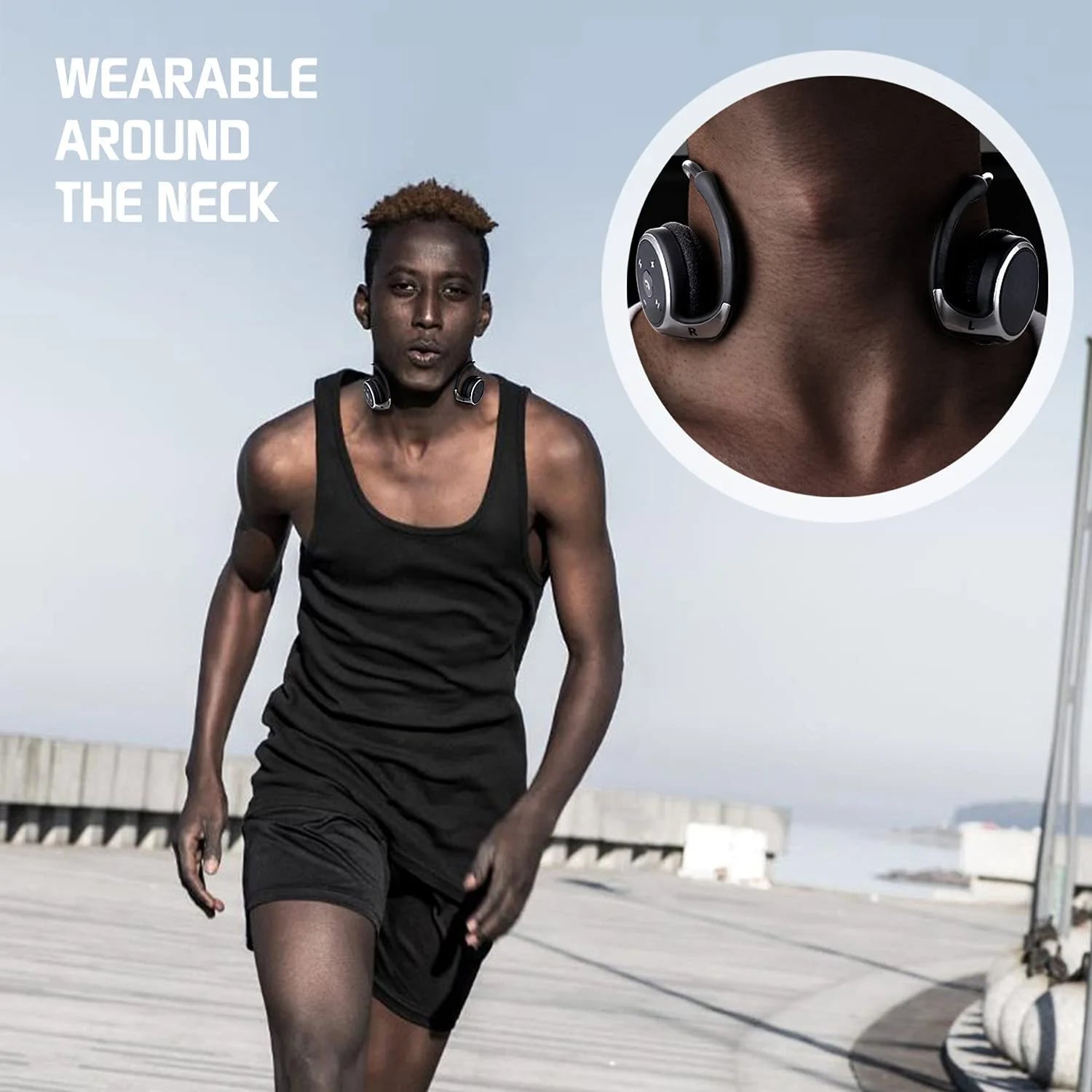 Small Bluetooth Headphones Wrap around Head - Sports Wireless Headset with Built in Microphone and Crystal-Clear Sound, Foldable and Carried in the Purse, Black