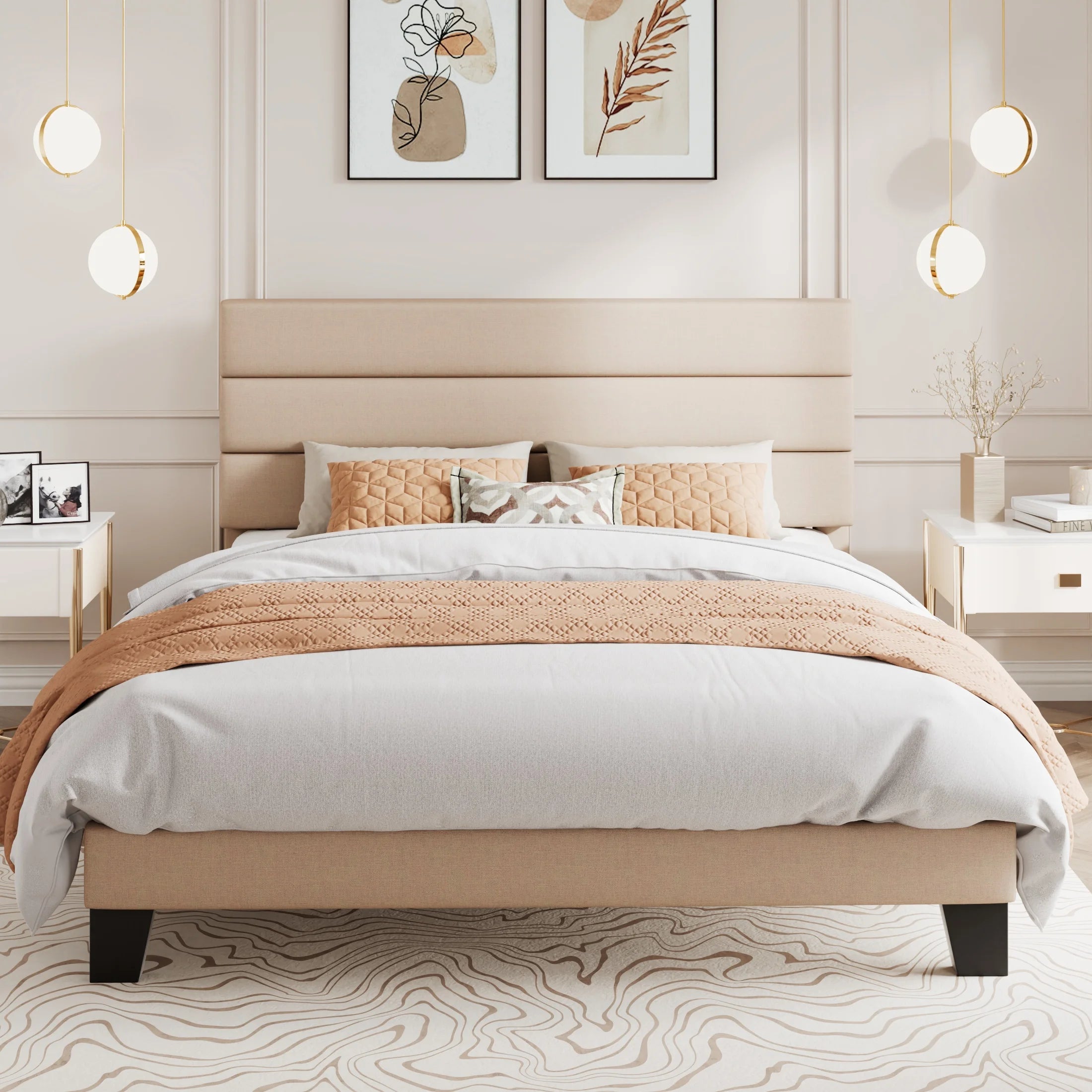 Full Bed Frame, Platform Bed Frame with Fabric Upholstered Headboard, Beige