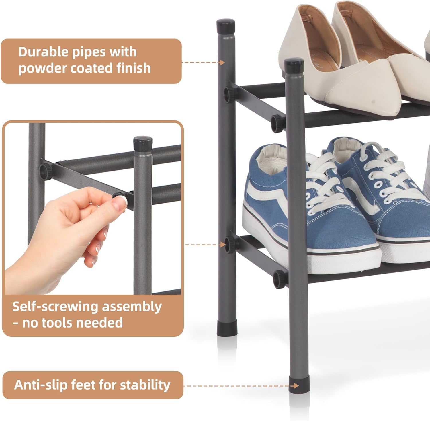 Expandable Shoe Rack, 8 Pairs Stackable Small Shoe Rack, Metal Adjustable Shoes Organizer for Closet, Entryway, Hallway, Garage, Front Door, Shoes Shelves, Black 2 Tier