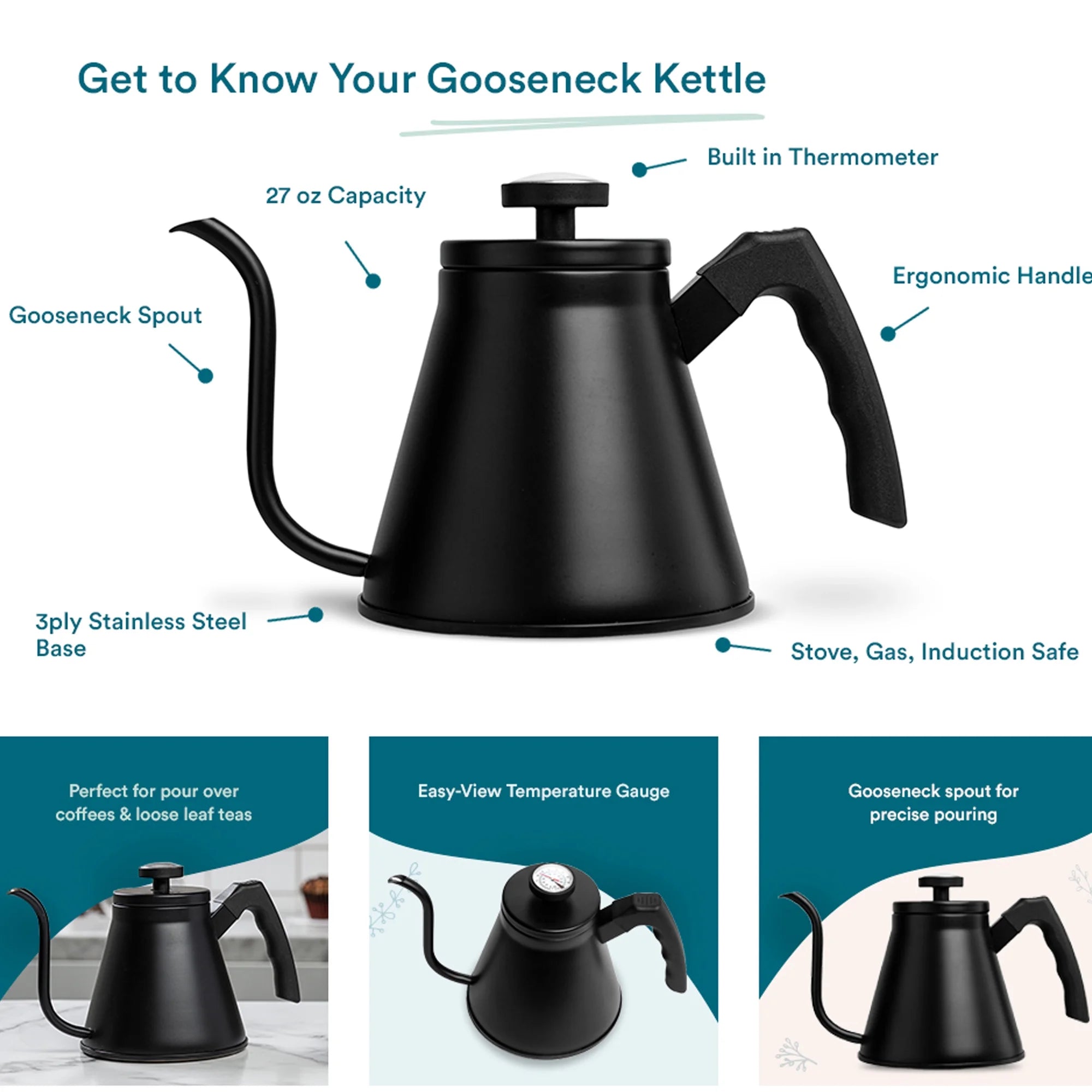 27 Oz Stainless Steel Stove Top Gooseneck Kettle with Temperature Thermometer