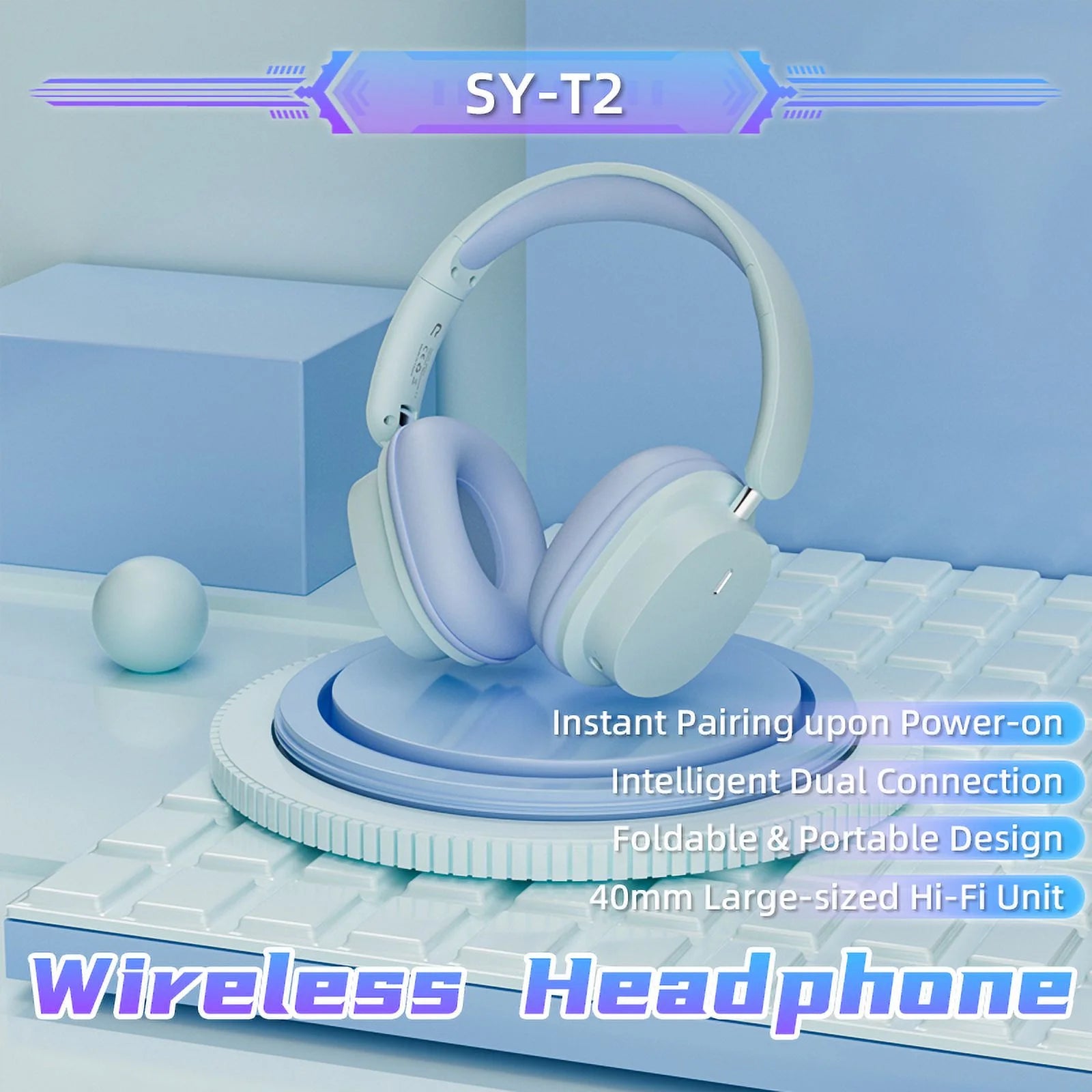 Wireless Bluetooth Headphones over Ear,Hi-Fi Stereo Wireless Headphones Foldable/Wired/Wireless with Microphone/Tf,Available for TV, Travel,Home Office Headset,Quick Charge 20 Hours Playtime Blue