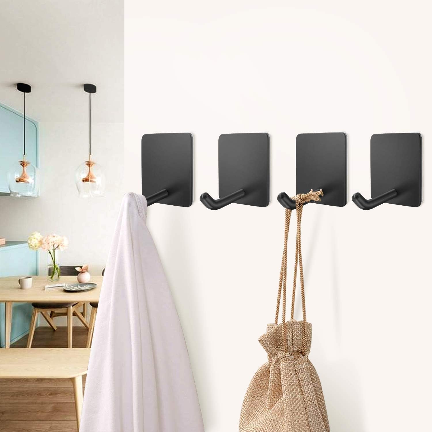 Adhesive Hooks, Self Adhesive Black Wall Mount Hanger Heavy Duty Rugged 304 Stainless Steel Hooks for Robe Coat Towel, Strong Sticky Hanging Hooks for Doors Kitchen Bathrooms Office, 4 Packs