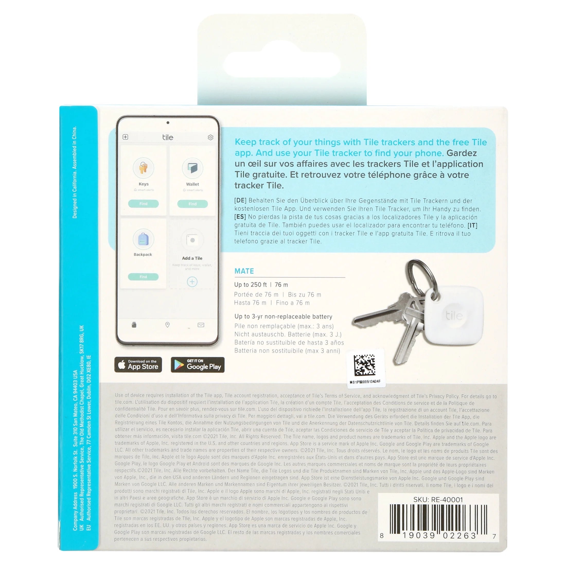 Mate (2022) 1-Pack, White. Bluetooth Tracker, Keys Finder and Item Locator; up to 250 Ft. Range.