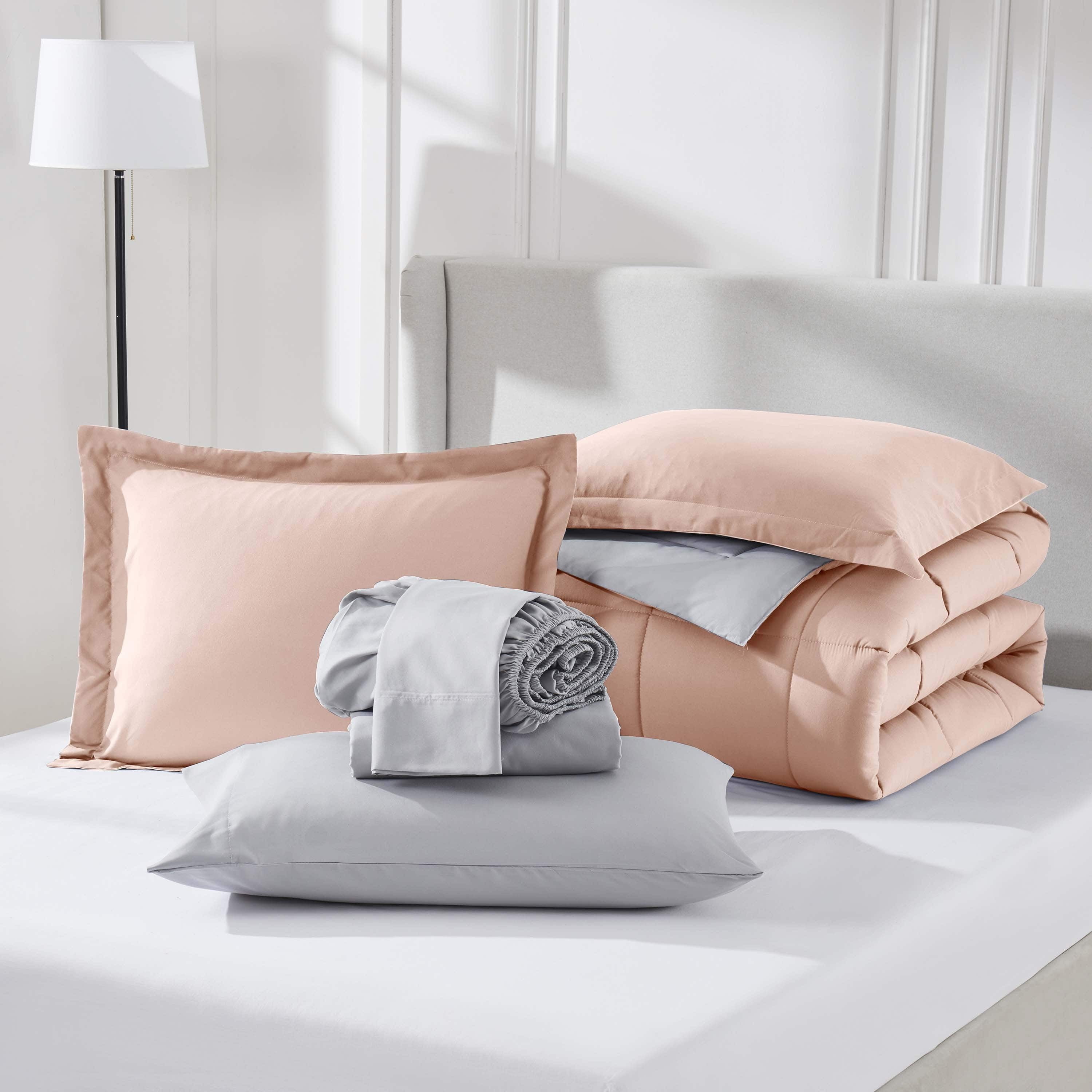 Full Comforter Set, 7Pc Bed in a Bag, Reversible Bedding Comforter Sets with Sheets, Peach Purple