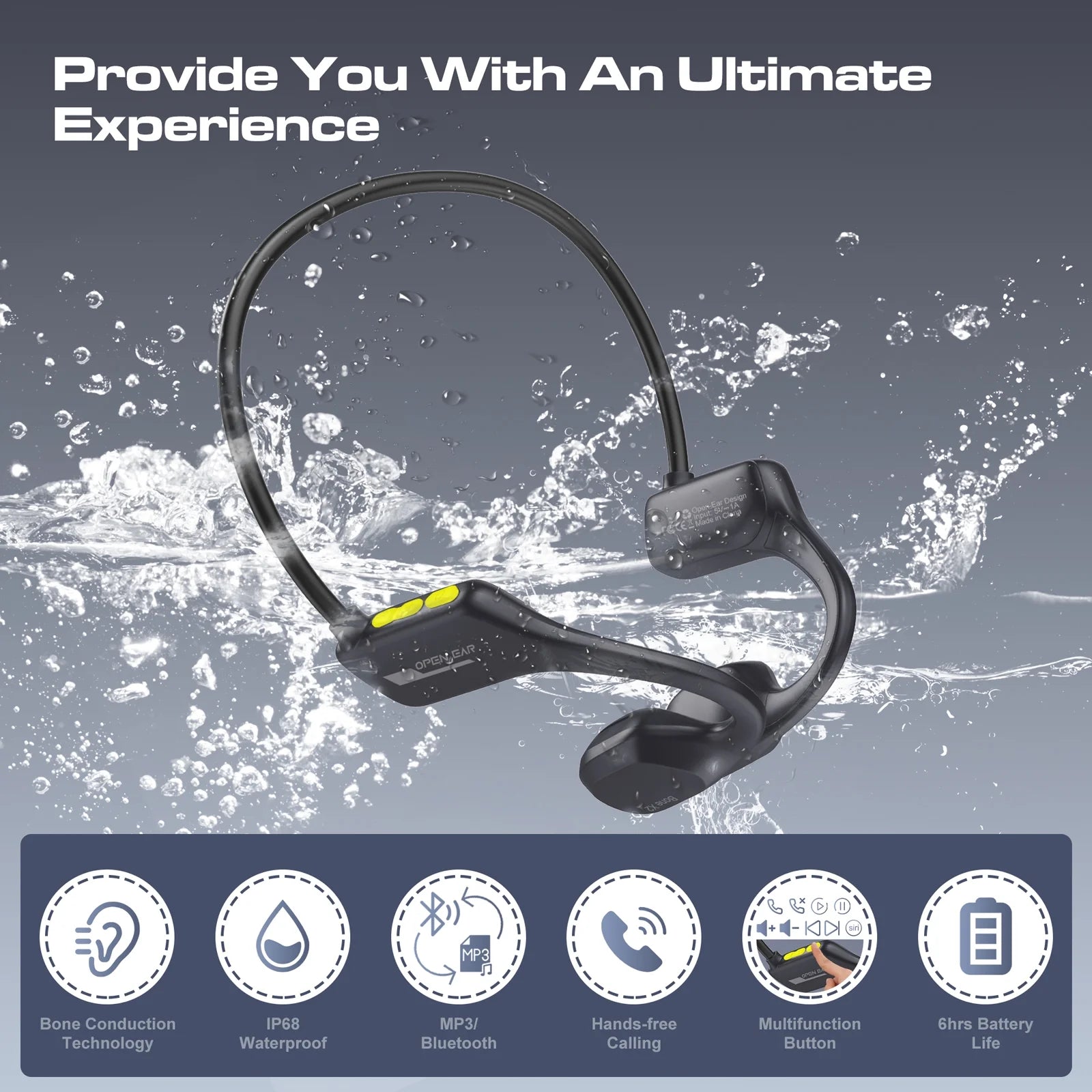 Bone Conduction Swim Headphones, Open Ear Wireless Bluetooth Headsets, IP68 Headphones with Bluetooth 5.3 and 8GB MP3 Player for Run, Hike