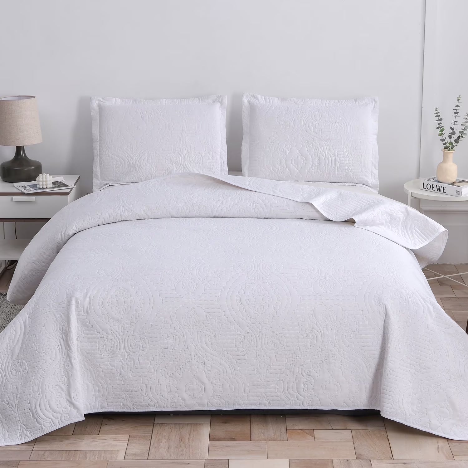 Quilt Set King White Solid Quilt Floral Microfiber Bedspread Coverlet