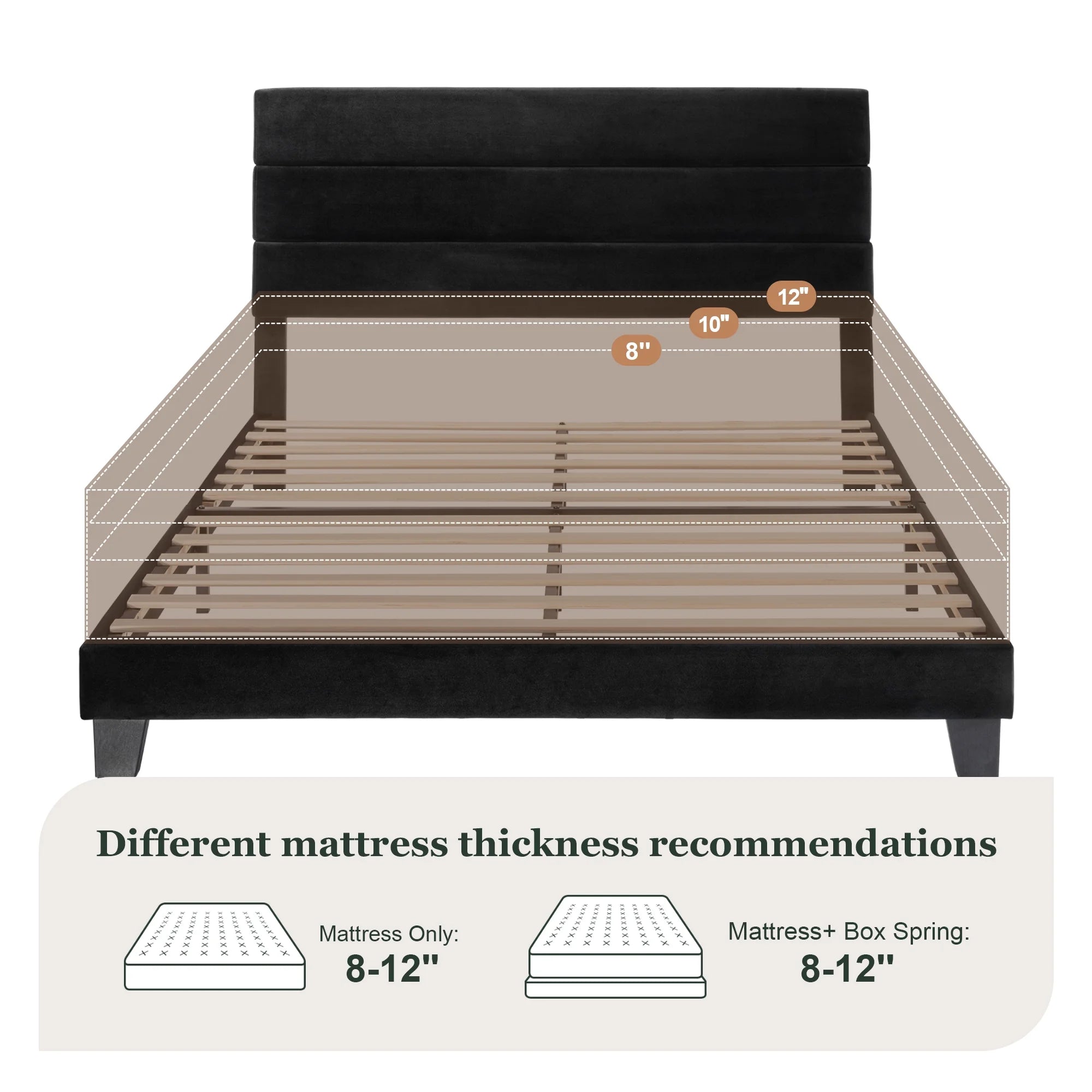 Full Bed Frame, Platform Bed Frame with Velvet Upholstered Headboard, Black