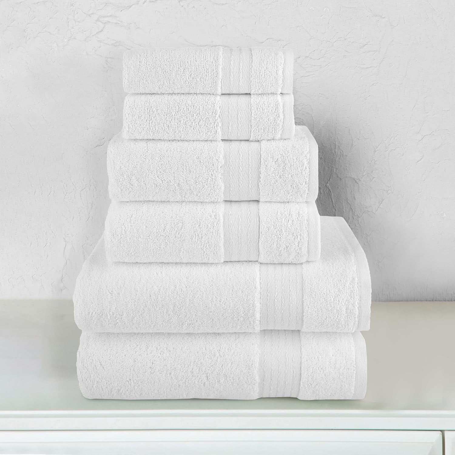 6 Piece Towel Set, 100% Cotton Premium Towel Set, 2 Bathroom Towels, 2 Hand Towels, 2 Wash Cloths, Highly Absorbent Shower Towels, Towel Sets for Bathroom, White