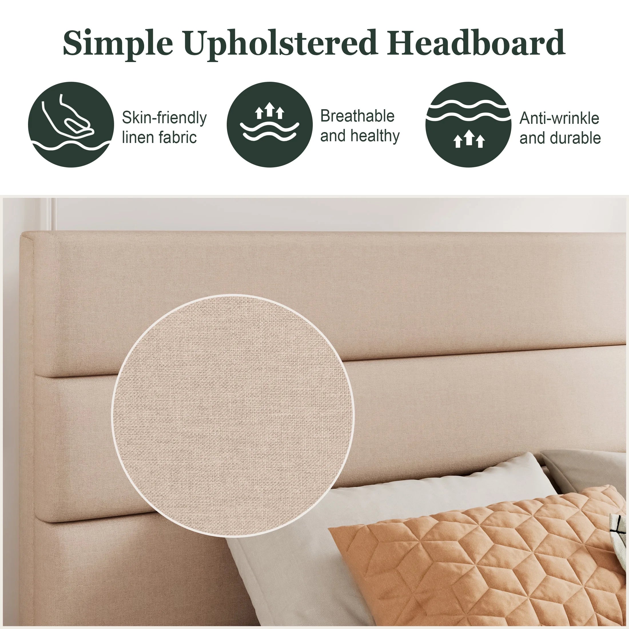 Full Bed Frame, Platform Bed Frame with Fabric Upholstered Headboard, Beige