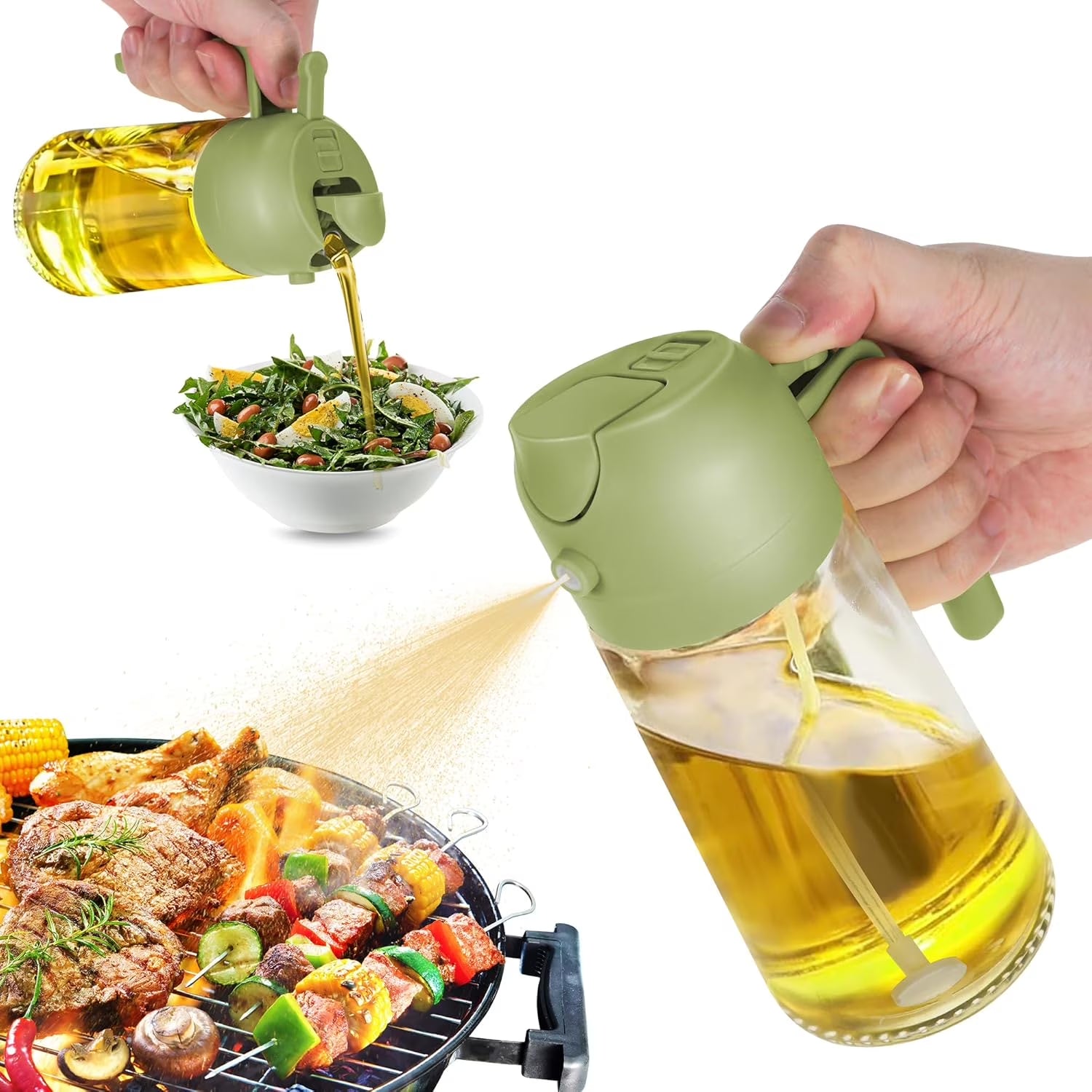 Oil Sprayer for Cooking, 2 in 1 Olive Oil Dispenser Bottle for Kitchen, 16Oz/470Ml Premium Glass Oil Bottle, Food-Grade Oil Mister for Air Fryer, Salad, Frying, BBQ (Green)