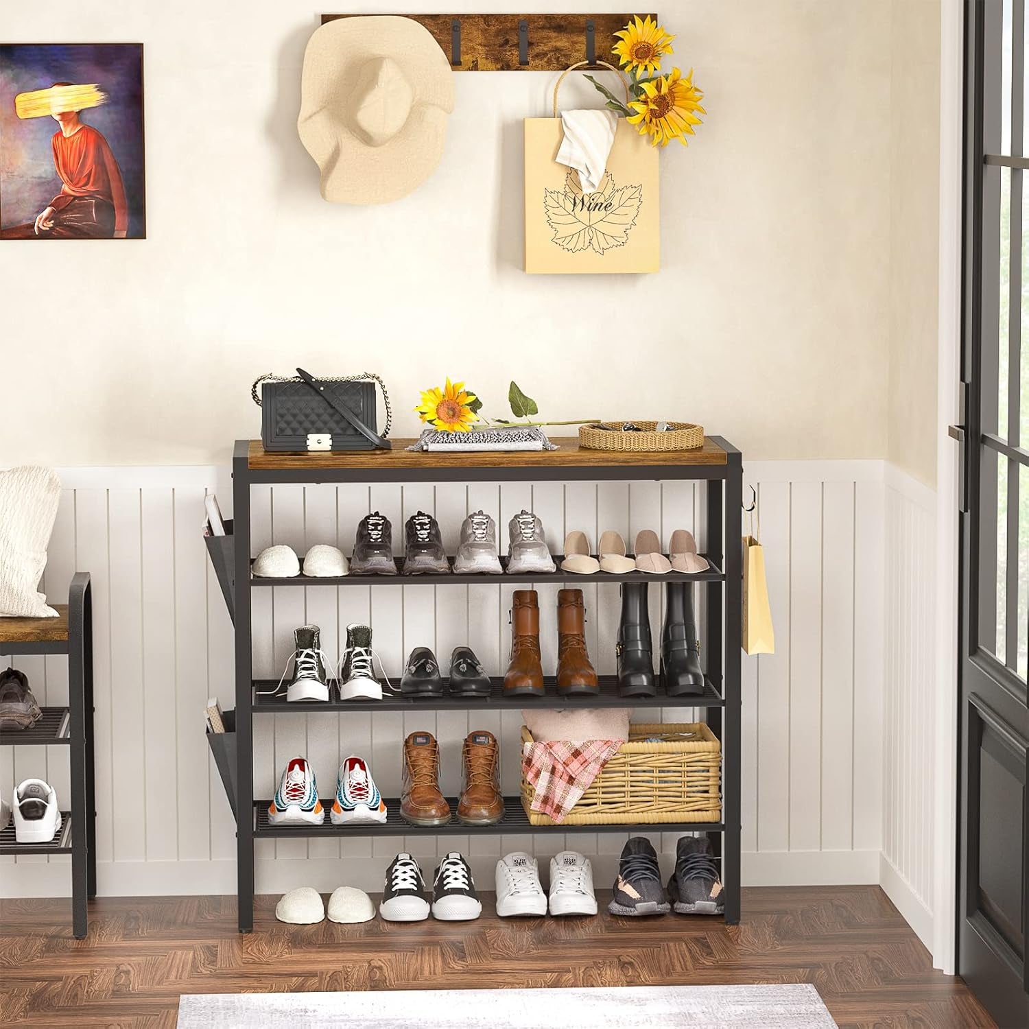 Shoe Rack for Entryway, 4-Tier Shoe Rack with Shoe Pockets and Hooks, Industrial Free Standing Shoe Racks for Entryway, Hallway, Front Door, Doorway, Living Room, Laundry, Closet, Rustic