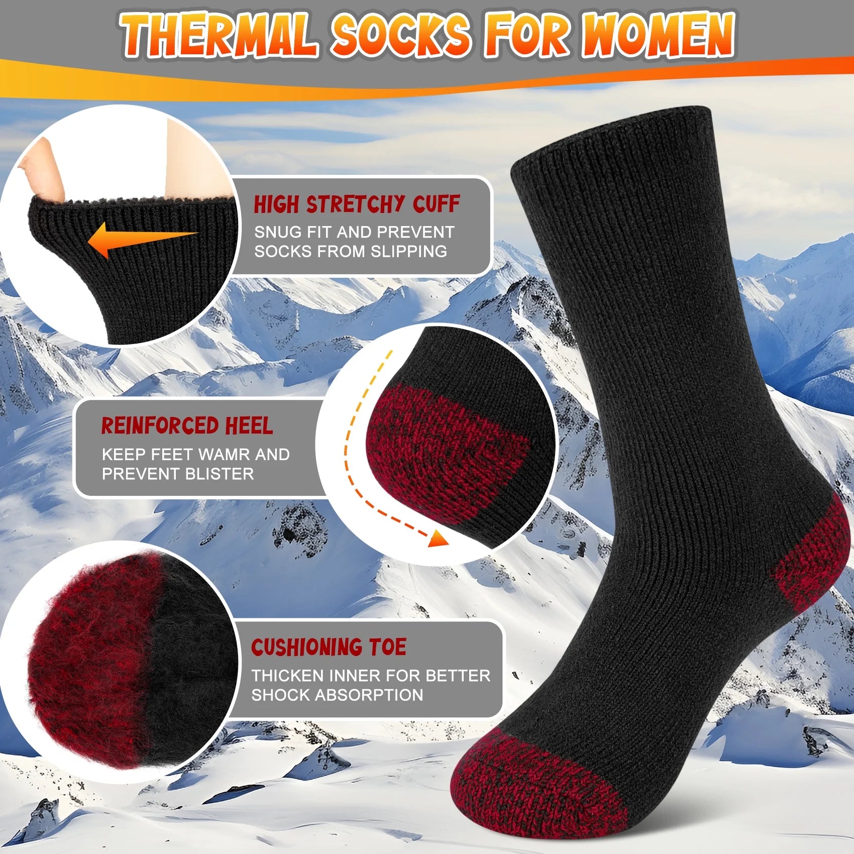 3 Pairs Thermal Socks for Women, Winter Thick Warm Heated Boot Crew Socks Size 5-11