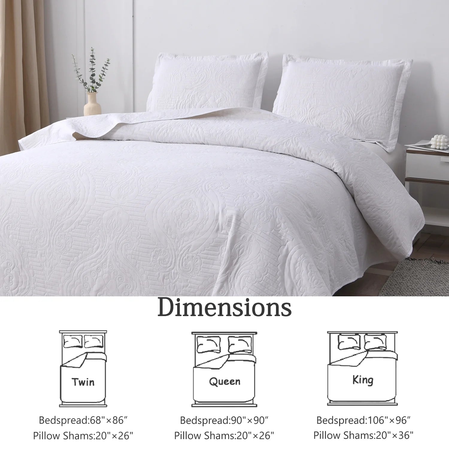 Quilt Set King White Solid Quilt Floral Microfiber Bedspread Coverlet