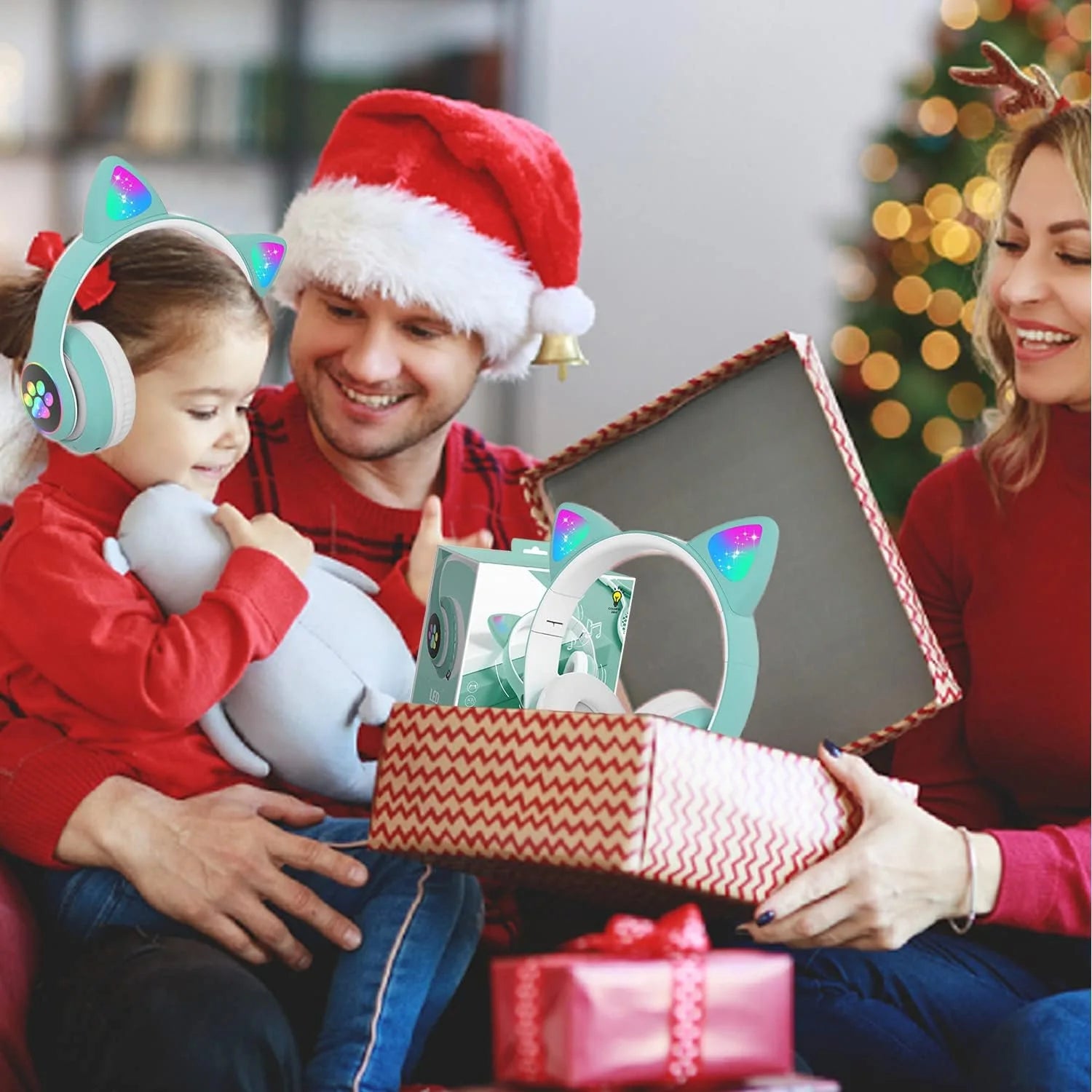 Kids Headphones with Microphone/Rgb LED Light Up, Cat Ear Bluetooth Headphones, Foldable Stereo Over-Ear Headphones for Kids Tablet/School/Pad/Smartphone, Xmas Gift (Green)