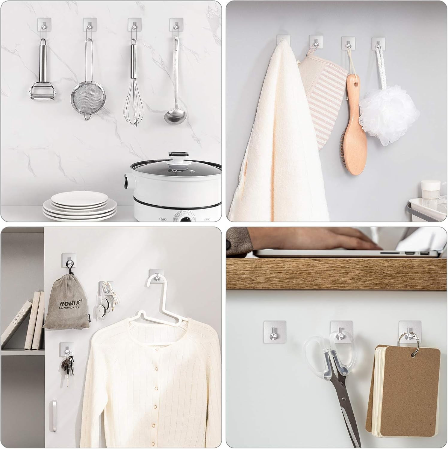 Adhesive Towel Hooks, Waterproof Shower Wall Stick on Hooks, 2 Extra Adhesive Strips, Silver, 4 Pcs