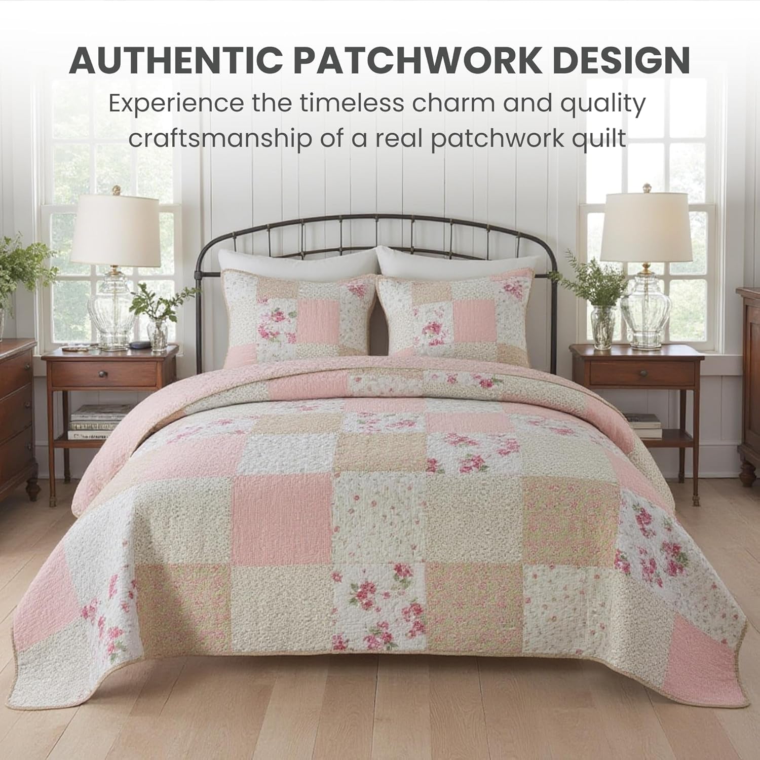 Blush Bloom Cotton Quilt Set - Queen Size with 2 Shams, Floral Patchwork Quilted Comforter, Lightweight Country Pieced Bedspread in Blush and Pink, Roses Patch Work Bedding