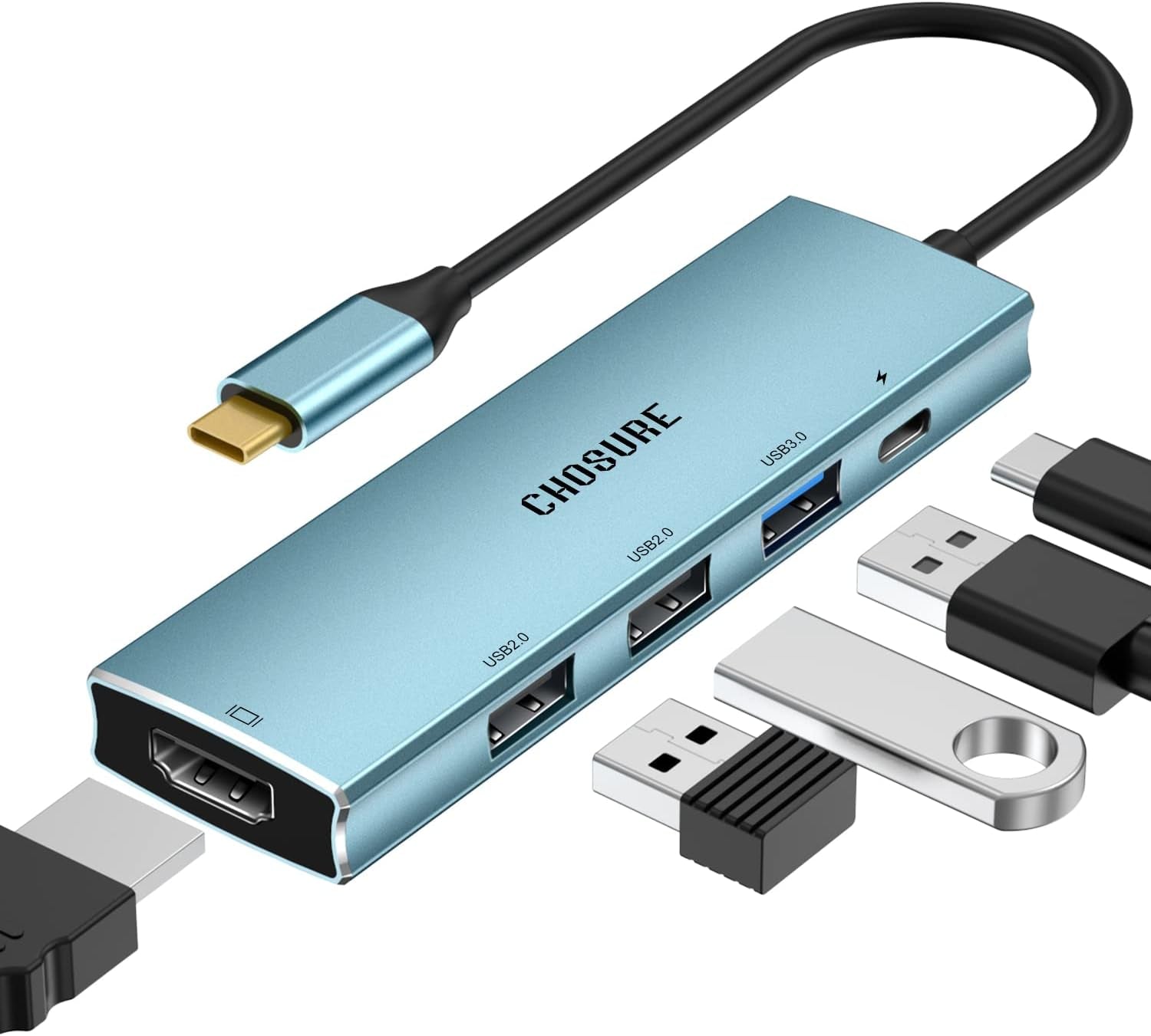 USB C Hub, 5 in 1 USB C Splitter Thunderbolt 3 Hub to 4K HDMI Adapter for Macbook, 3 USB Ports, 100W PD Charger,  Type C Dongle Compatible with Macbook,And More Type C All (Light Blue)