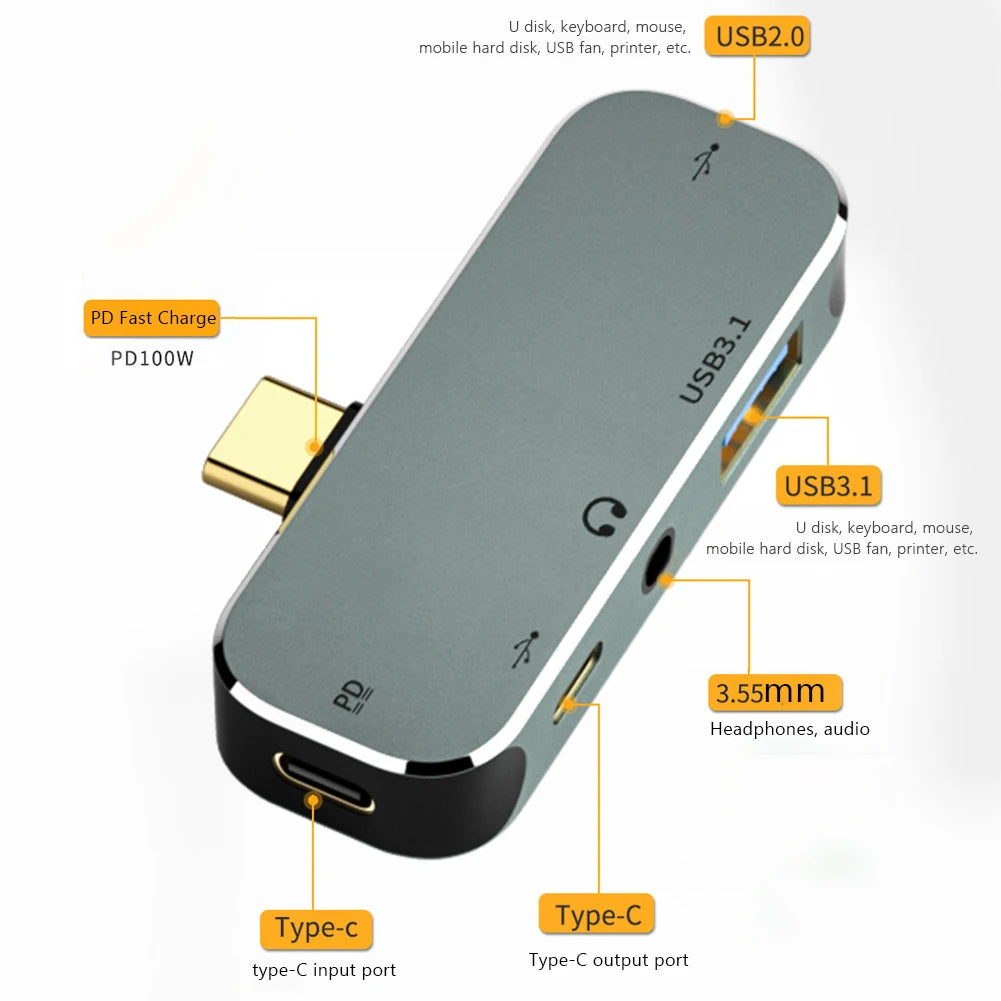 Type-C HUB Splitter PD100W USB3.0/USB2.0/USB3.1 Hdmi-Compatible USB Extender PC Computer Laptop Splitter