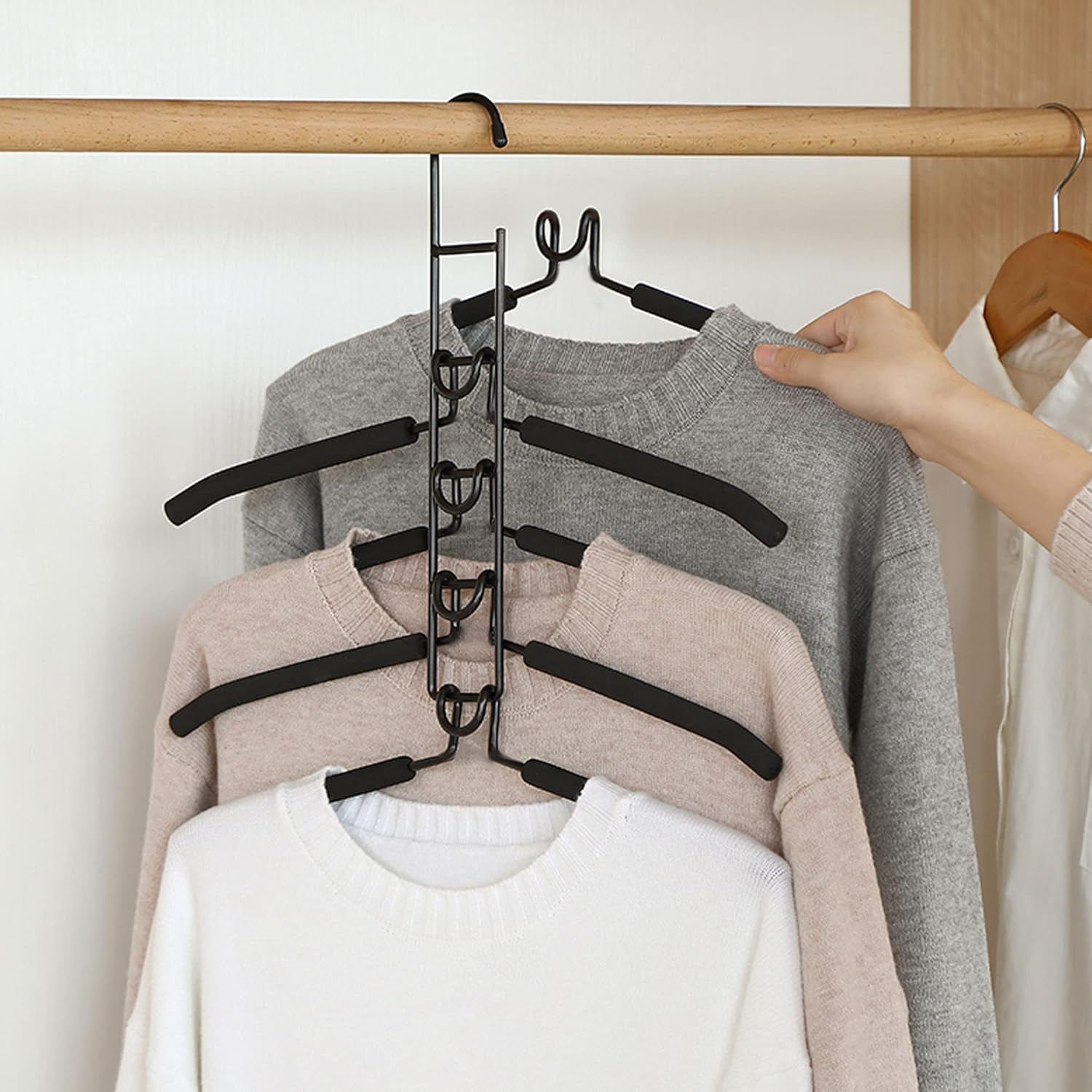 Coat Hanger, 5 in 1 Anti-Slip Clothes Racks, Space Saving Clothes Hanging Holder, Blouse Hanger Closet Storage Organizer, Multi Layers Wardrobe Clothes Rack (4 Pack, Black)