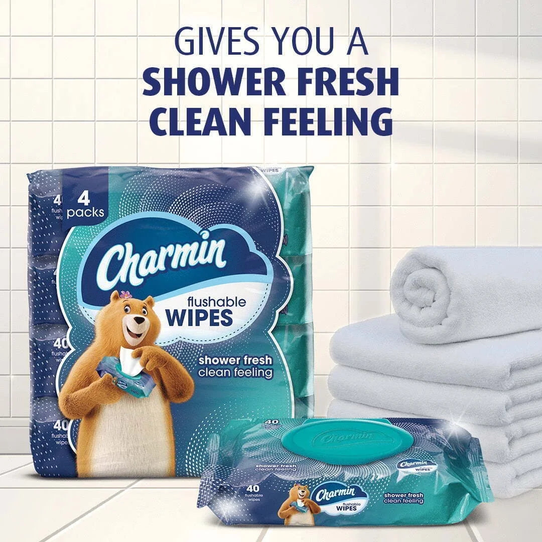 Flushable Wipes, 4 Flip-Top Packs, 40 Cleansing Wipes per Pack, 160 Total Wipes