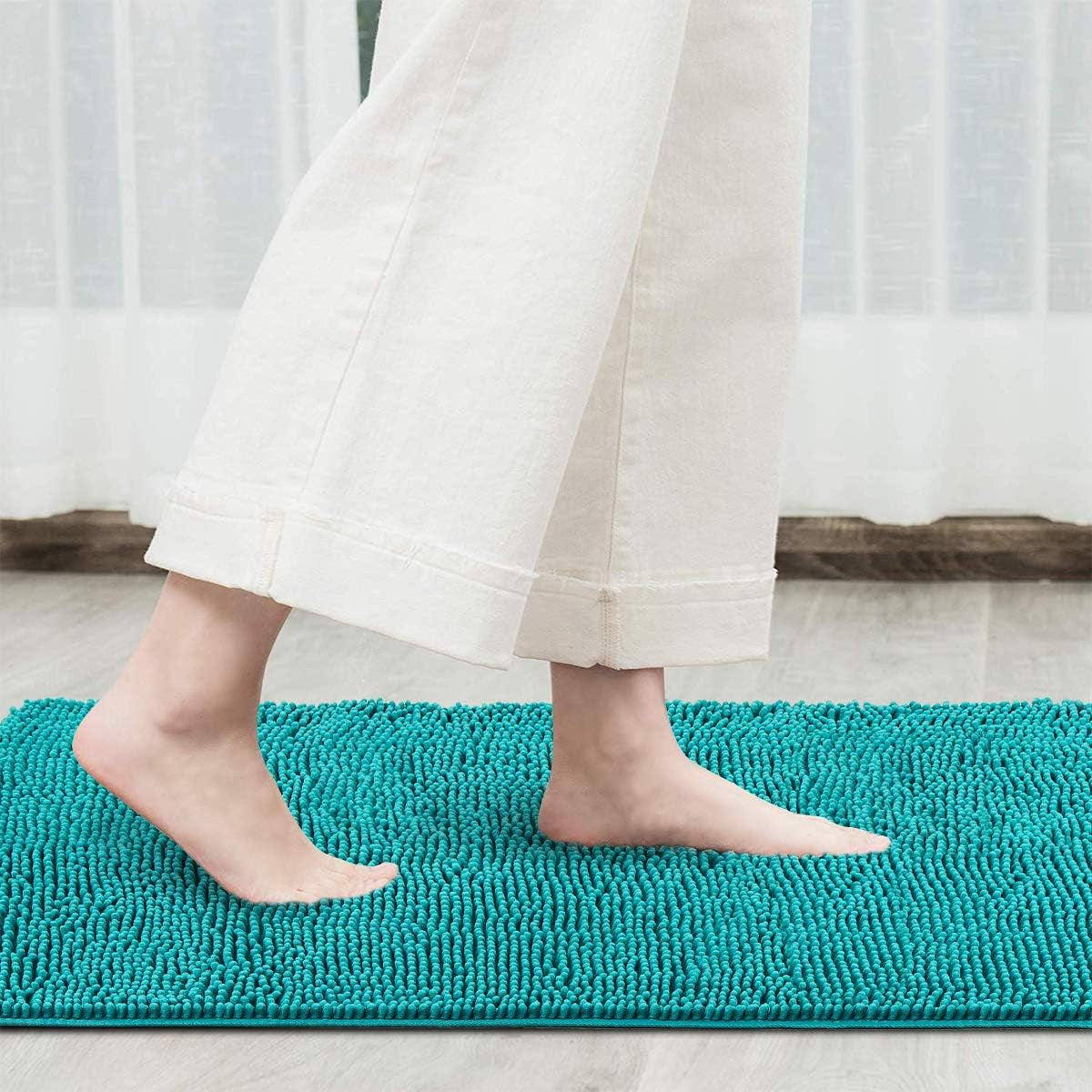 Luxury Bathroom Rug Shaggy Bath Mat 24 X 36 Inch, Washable Non Slip Bath Rugs for Bathroom Shower, Soft Plush Chenille Absorbent Carpets Mats, Teal Blue