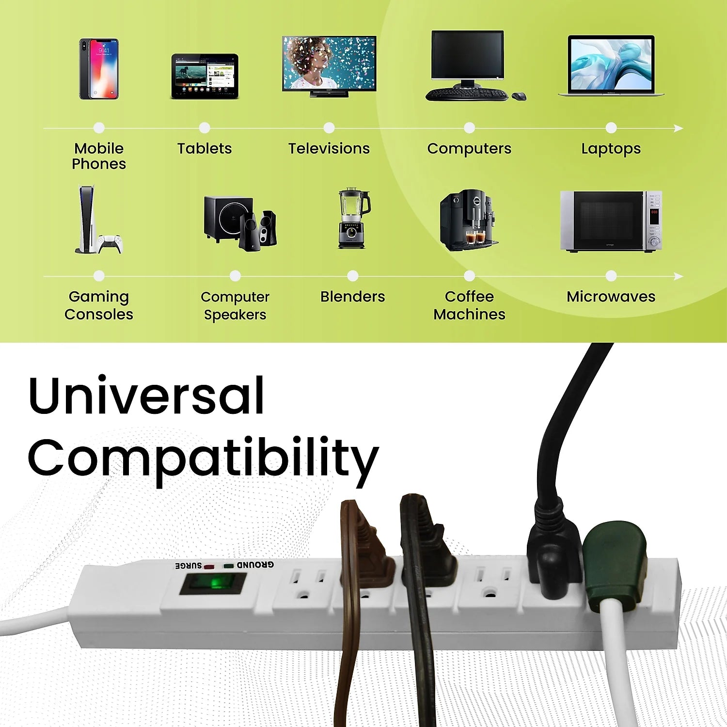 (GG-16315-15) 6 Outlet Surge Protector, 1200 Joules, White, 15 Ft Cord