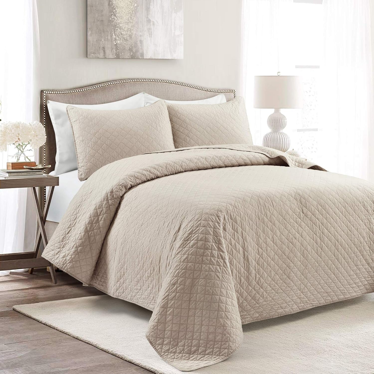 Ava Quilt Diamond Pattern Solid 3 Piece Oversized Bedding Blanket Bedspread Set - King - Neutral
